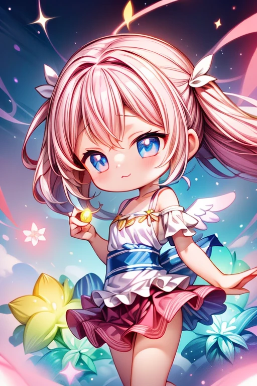 (extremely detailed CG, unity, 8k wallpaper:1.2), (pink and white theme, Bright Light, magic_show:1.3), 1girl, solo, vibrant universe,colors beyond reality,pulsating backdrop,sparkling magic,adventure,joy,curiosity,kaleidoscope patterns,multicolored hair, floating_hair, shimmering strands,wide eyes,surrealism,whimsy,fantastical elements,serene contemplation,fluorescent blues,luminous creatures,dynamic energy,tranquil moment,kaleidoscopic flora and fauna,radiant colors,imaginative composition, Yulia, fractal art, colorfield painting, (shine effects, seraph effects, lighting effects:1.1), skirt, frilled_shirt, shoulder_sash, (cute, kawaii:1.1), closed mouth, :3, (close-up:1.2)