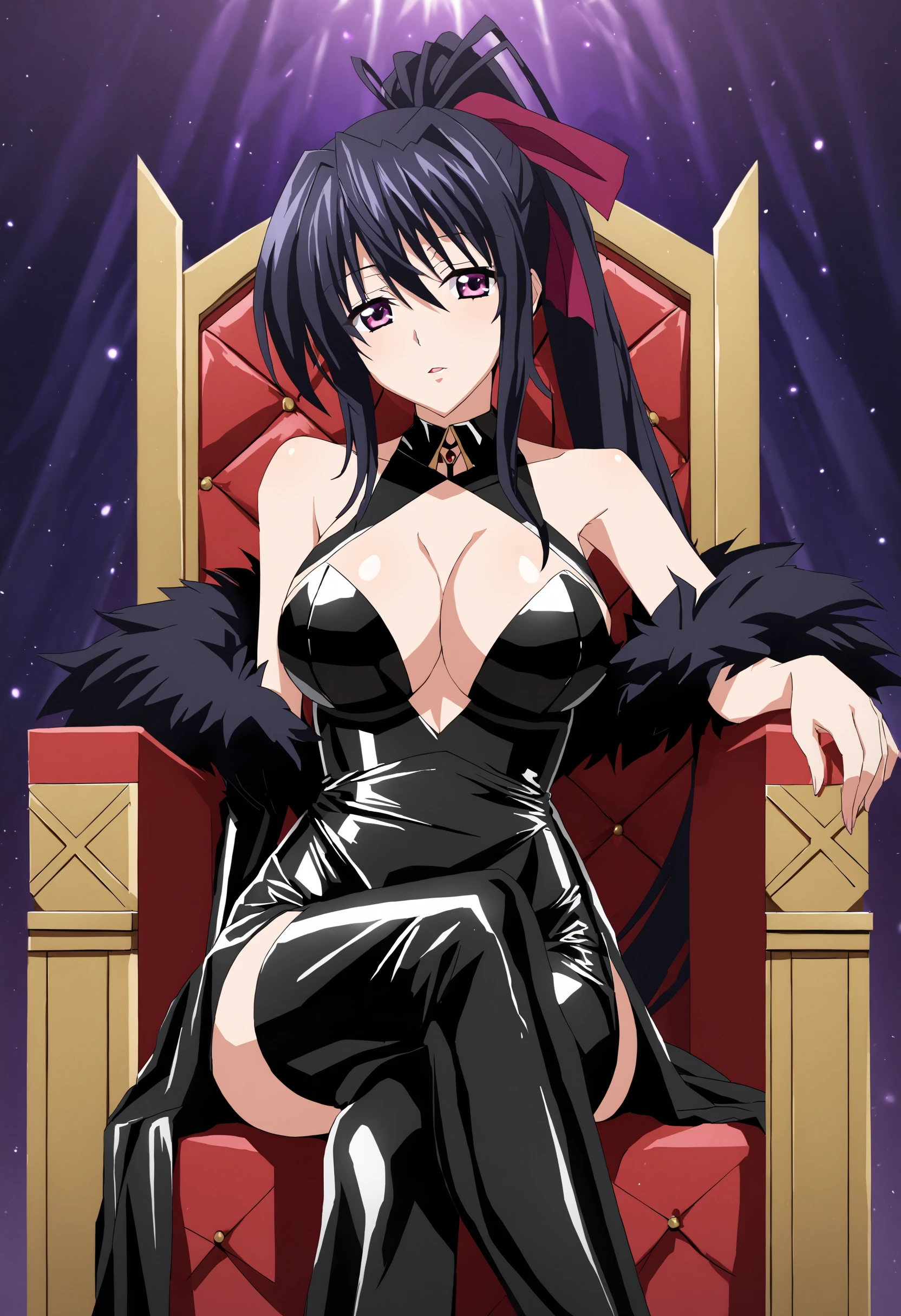 sysdeep_akeno, 1girl, solo, large_breasts, black_hair, ribbon, cleavage, very_long_hair, purple_eyes, hair_ribbon, ponytail, black_dress, sitting, throne, latex, crossed_legs, <lora:Akeno Himejima - [High School DxD] - XL Version 1:1>