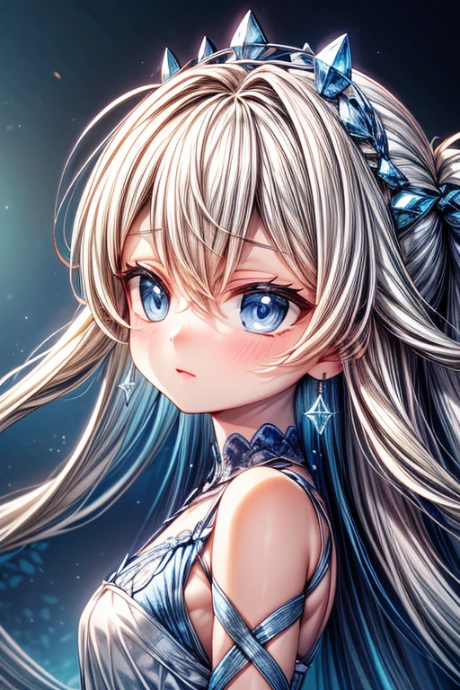 greyscale,professional_artwork,best_quality,(blue and gold and white theme:1.3),1girl,solo,badass,cold,expressionless,((Detailed)), ((Masterpiece)), ((Impressive)), ((Elegant)), ((Mind-blowing)), ((Phenomenal)), anime, Shojo, Romance, Drama, digital artwork, Digital masterpiece, Digital masterpiece, Digital illustration, neon light, Neon illumination, Electrifying light, Vibrant glow, 35mm, Panoramic view,Illustration,Cover,enigmatic figure,draped in translucent fabric,crystals adorning hair,dreamlike swirl,pastel hues,soft light,evoking calm serenity and elusive beauty,Non-representational,colors and shapes,expression of feelings,imaginative,highly detailed,fingerless_gloves,headwear,upper_body,from_side