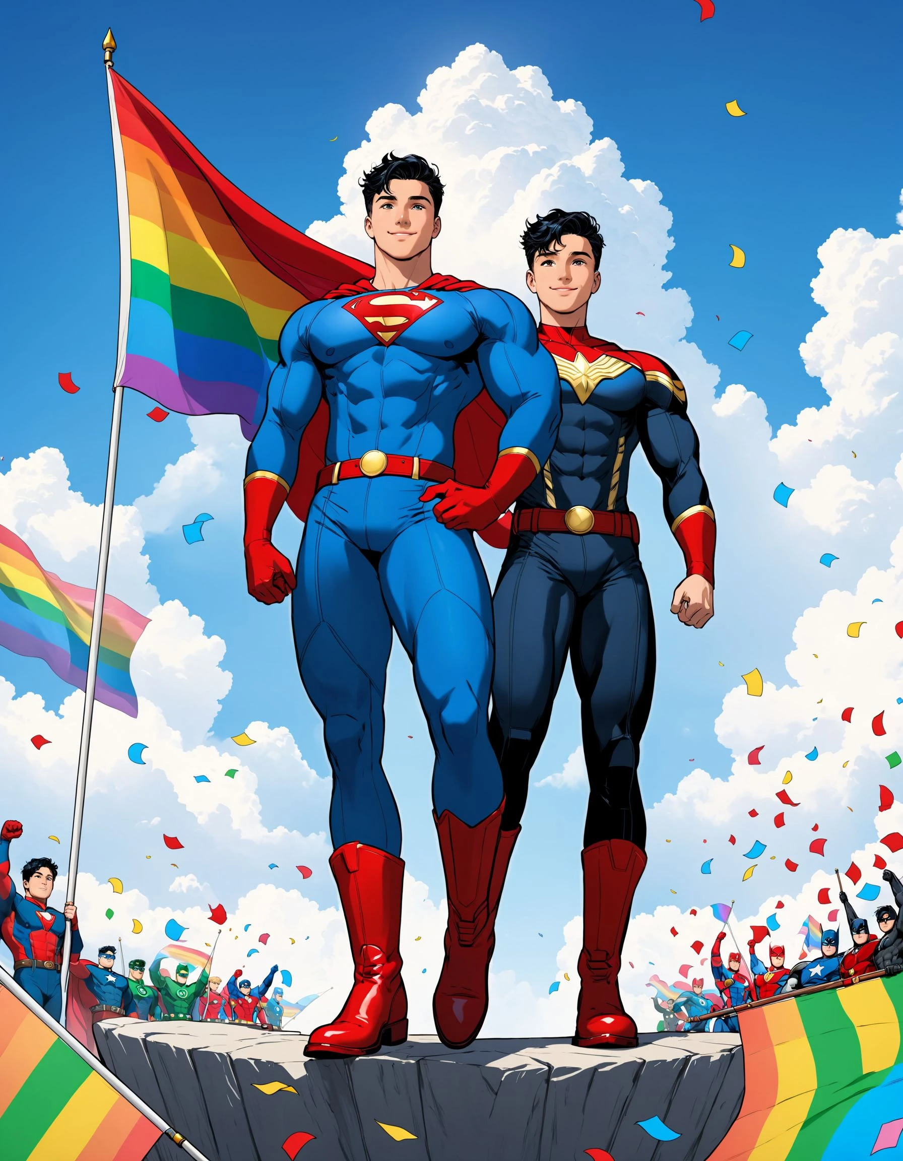 Pride Comics Style, smile, short hair, blonde hair, black hair, red eyes, male focus, boots, one eye closed, multiple boys, belt, cloud, 2boys, cape, hand on hip, bodysuit, muscular, muscular male, red footwear, flag, confetti, superhero, blue bodysuit, transgender flag, rainbow colors, traditional media, cinematic angle, cinematic lighting, foreshortening, depth of field, detailed background, masterpiece, best quality , official art , <lora:PrideComicsSDXLTEST:0.8>