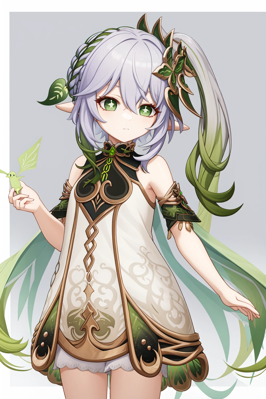 <lora:纳西妲2-000009:1>,a girl named nahida,nahida,pointy ears,bangs,1girl,white hair,hair ornament,gradient hair,symbol-shaped pupils,green hair,white dress,jewelry,green eyes,detached sleeves,leaf hair ornament,<lora:genshinImpactModel_v10:0.3:lbw=char>,, 1girl,
, (masterpiece,best quality:1.2),absurdres