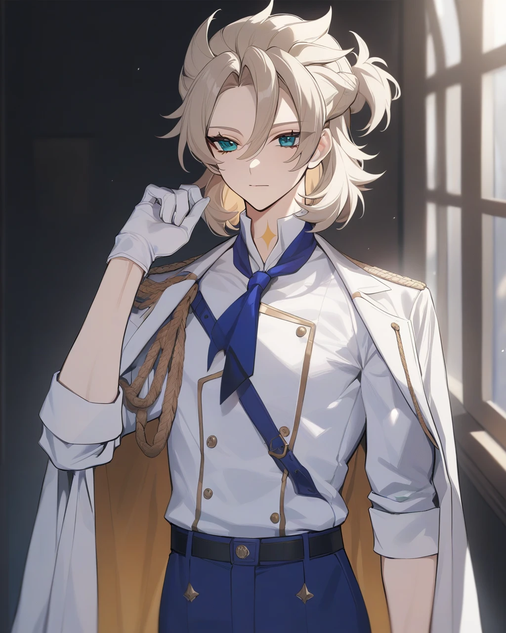 masterpiece,best quality,<lora:albedo:1>,albedo \(genshin impact\), 1boy, aiguillette, male focus, solo, white gloves, closed mouth, hand up, white shirt, sidelocks, military, blue pants, military uniform, alternate costume, eyelashes, braid, parted bangs, artist name, medium hair, coat, jacket on shoulders, short hair, cowboy shot, long sleeves, sleeves rolled up