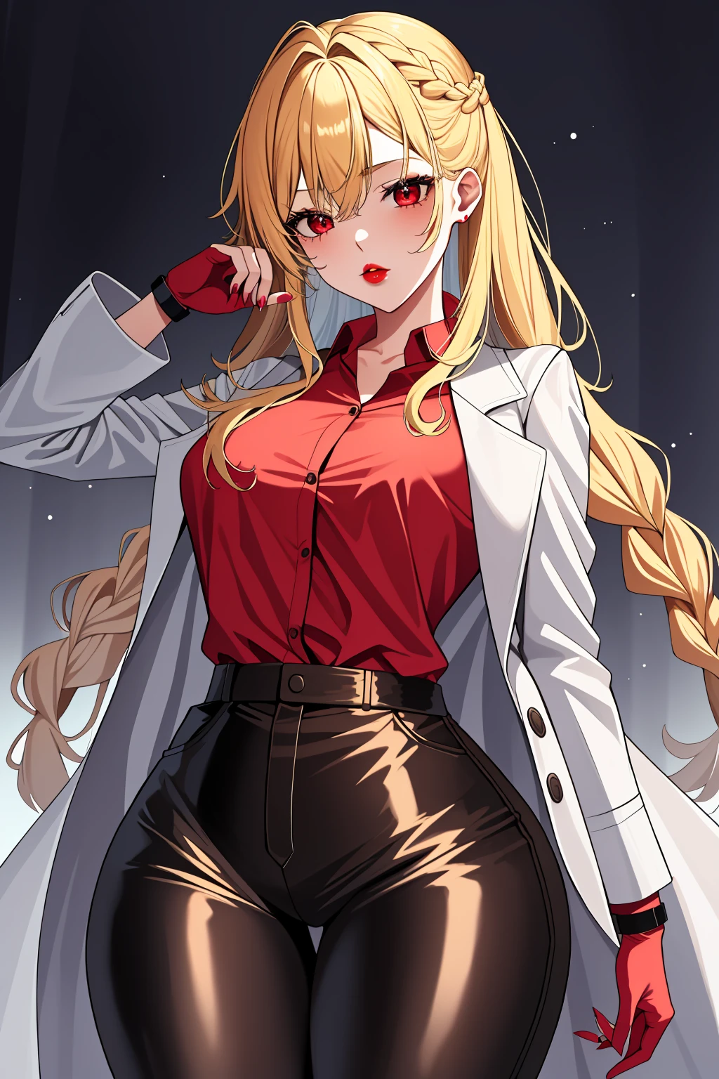 ((masterpiece, best quality, high quality)),1girl,<lora:infirmary_v0.1:0.5> (infirmary),<lora:brwn_doctor_uniform:0.8> (bwn_doc_unif, blue gloves, pink shirt, labcoat, stethoscope,latex pants), <lora:Tanya Moon:0.7> (tanya moon, cstch06, 1girl, long hair, blonde hair, red eyes, medium breasts, braid, lipstick, red nails, thick thighs, blunt bangs, long fingernails, red lips),