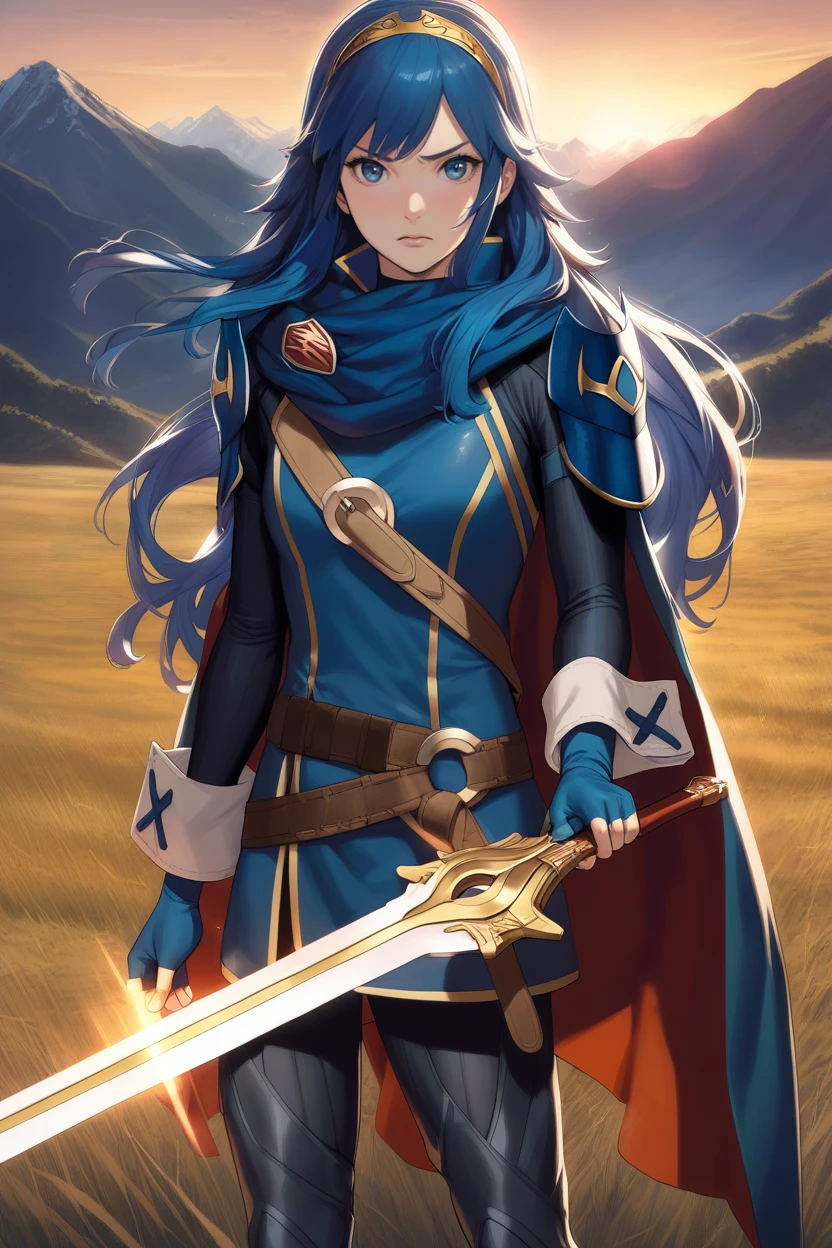 masterpiece, best quality, solo, 1girl, anime coloring, (realistic:0.2) <lora:lucina-xl-nvwls-v1-000008:0.9> defLucy, long hair, tiara, cape, shoulder armor, blue tunic, long sleeves, cuffs, blue scarf, fingerless gloves, belt, pants, looking at viewer, furrowed brow, serious, holding sword, falchion \(fire emblem\), sunset, mountains, field, sky