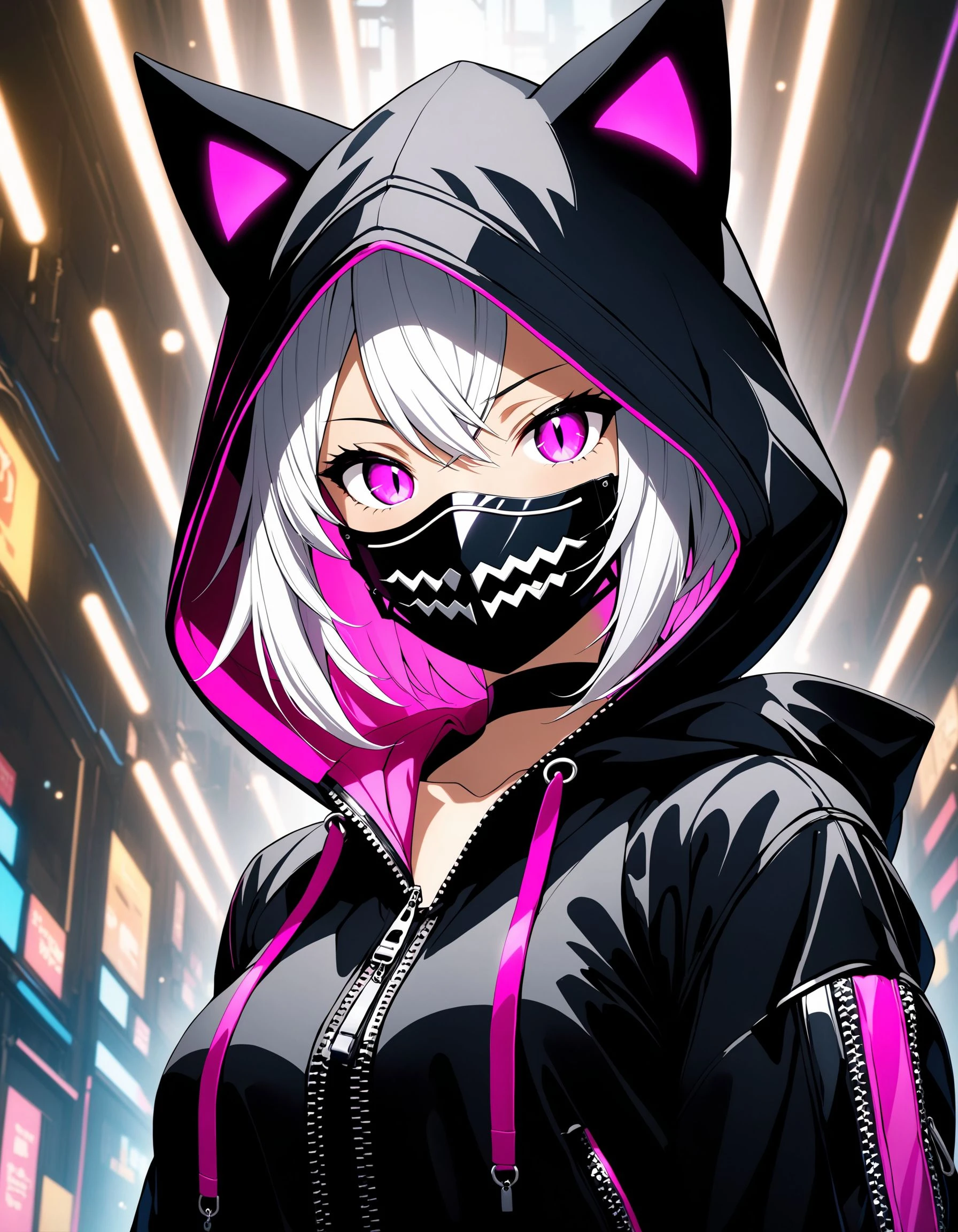 furrydskstyle, 1girl, solo, looking at viewer, short hair, animal ears, purple eyes, jacket, upper body, white hair, teeth, hood, pink eyes, hoodie, mask, fake animal ears, glowing, sharp teeth, slit pupils, glowing eyes, hooded jacket, hood up, zipper, animal hood, mouth mask, cat hood, cinematic angle, cinematic lighting, foreshortening, depth of field, detailed background, masterpiece, best quality , official art , <lora:furry_SDXL:0.8>