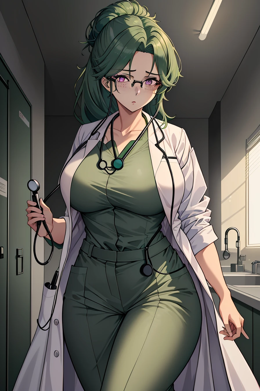 best quality, glossy, 4k, ((artwork)), extremely detailed, 8k, japonese mature woman, green hair, cleavege, lab coat, long sleeves, big breasts, slim body, smile, earrings, huge breasts, hand in pockets