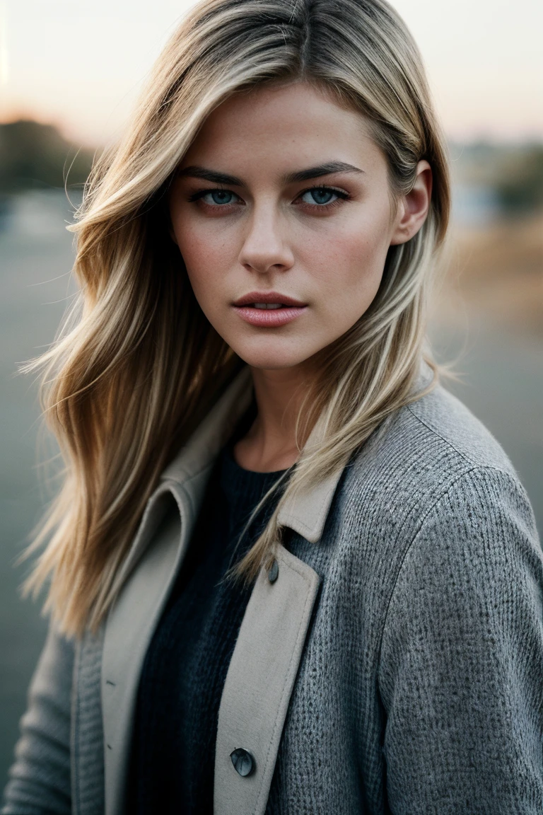 photo of gorgeous (r4cht4yl0r-135:0.99), a beautiful woman, perfect blonde hair blowing in the wind, (modern photo), (Clay coat and long sleeve shirt), 85mm lens, f16 aperture, (analog, cinematic, film grain:1.3), (geometric halftone background:1.2), detailed eyes, dancing seductively with her hands in the air, (epicPhoto), (looking at viewer:1.1), jewelry, (cinematic shot:1.3), (natural lighting), PA7_Portrait-HL_v2