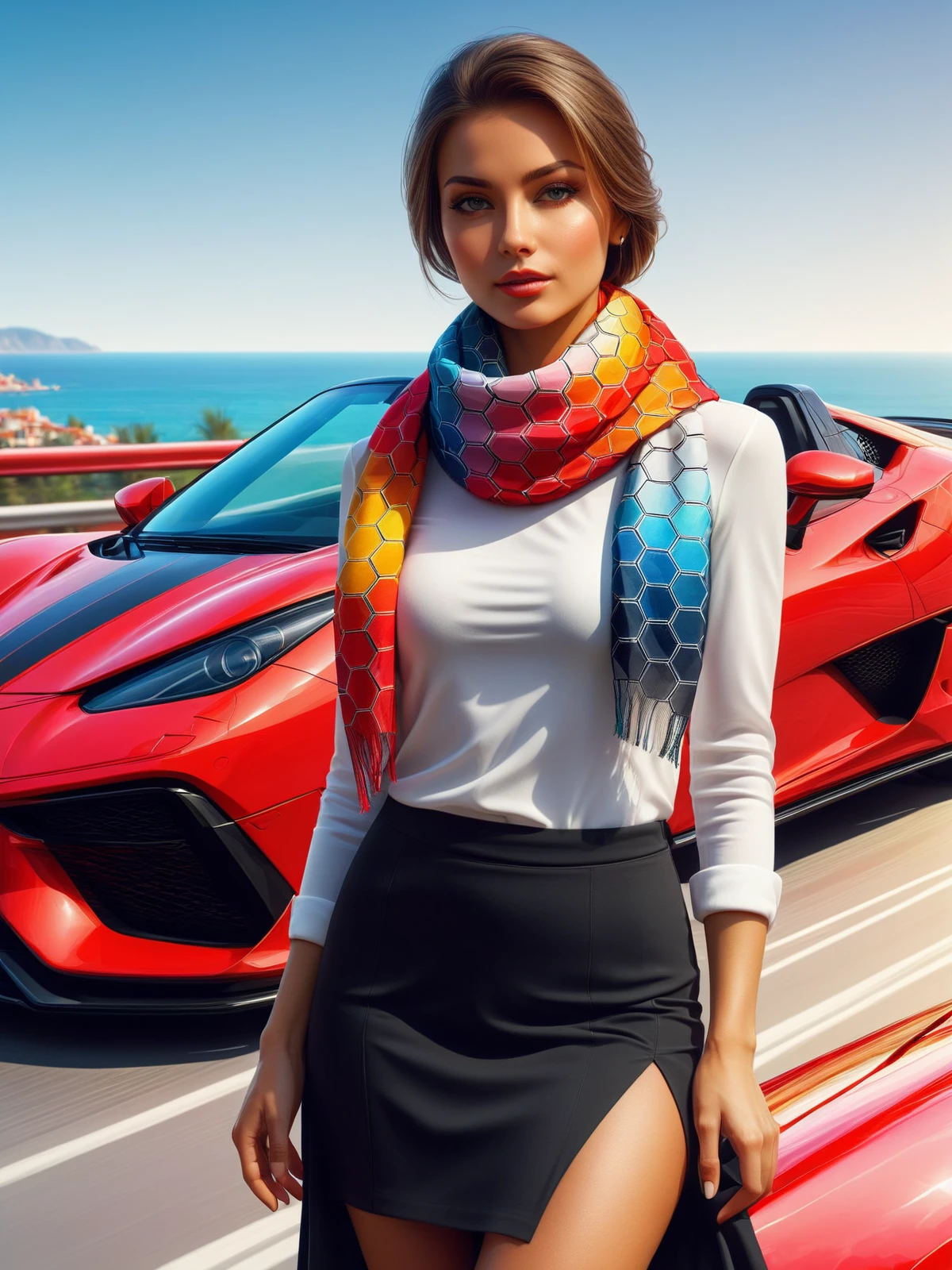 woman wearing a colorful madhxg scarf, black skirt and white top in front of a red sports car, dynamic pose  <lora:Colorful_Hexadons_SDXL:1>, (masterpiece:1.2), best quality, (hyperdetailed, highest detailed:1.2), high resolution textures