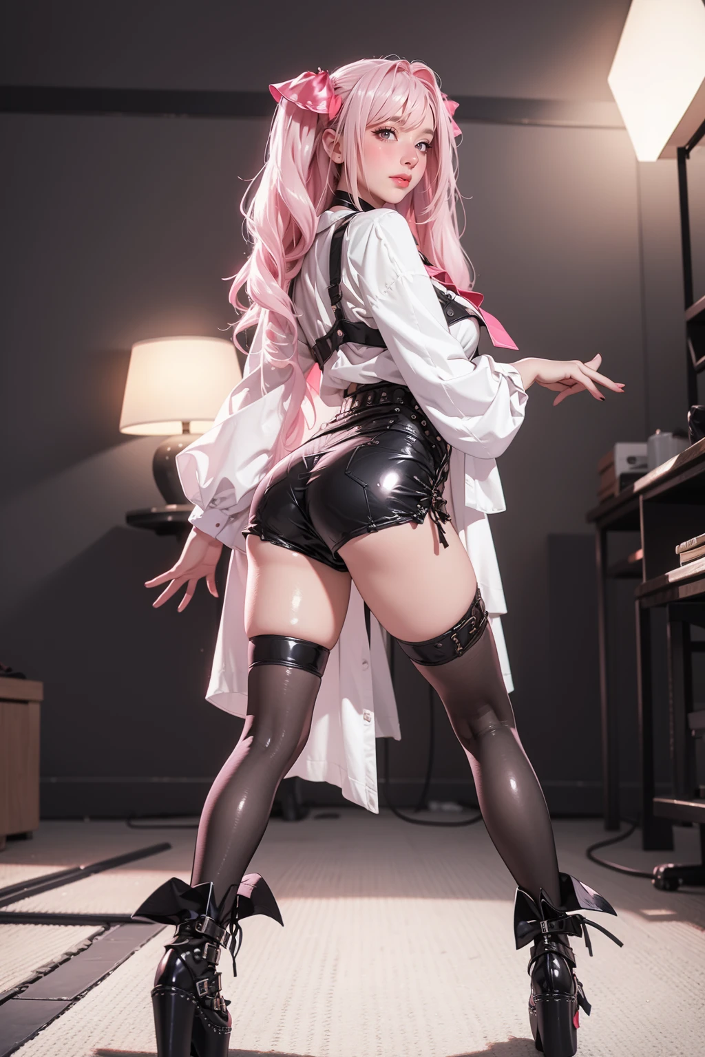 Goth girl, pink hair, tall body, naked, tick body, wearing neck chocker, have a sex in night club, blushing, open mouth, nose piercing, tattoo