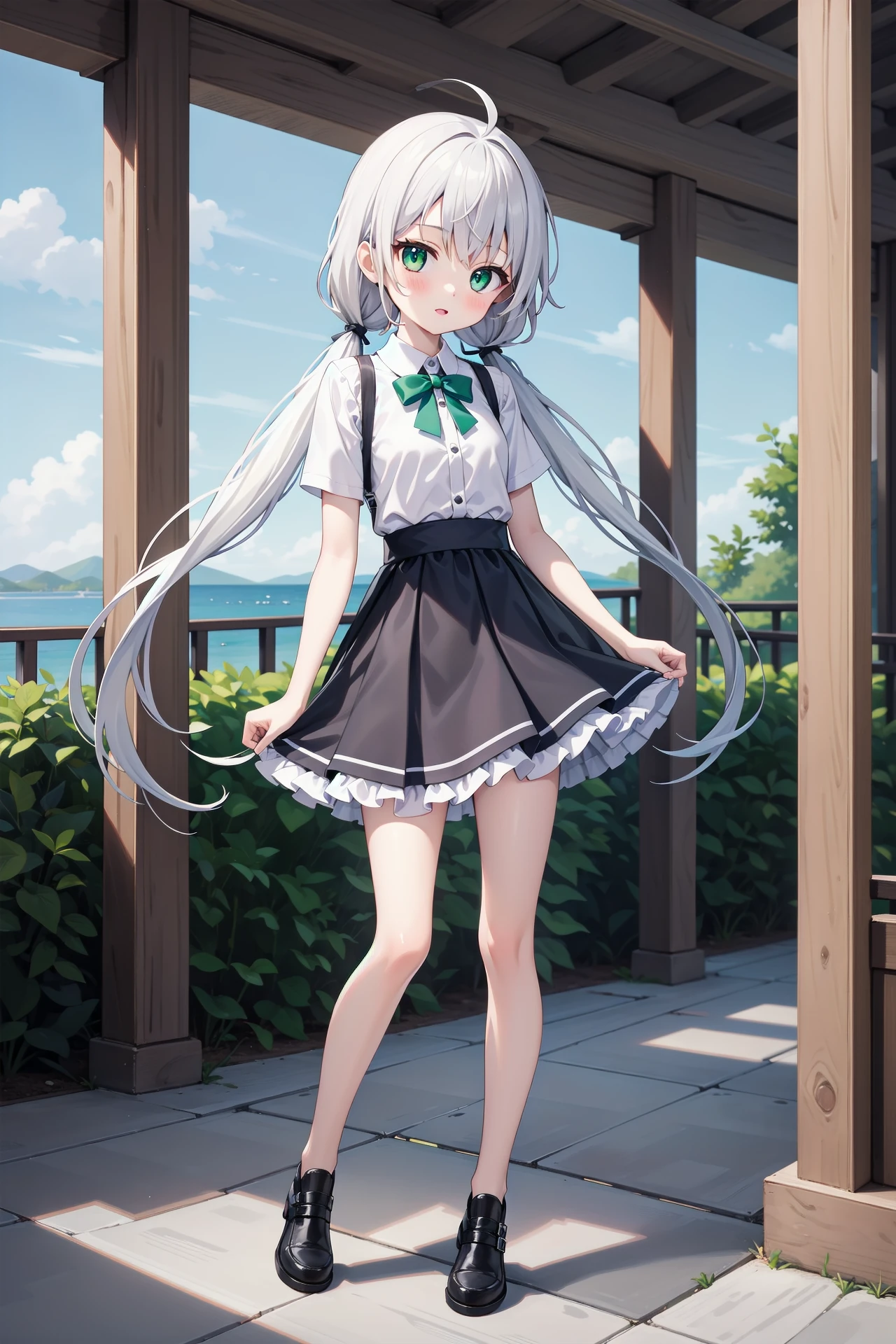 (((masterpiece))), best quality, illustration, (******* girl), 1girl with white long hair, beautiful detailed green eyes, white long straight hair, ((low twintails)), ((cute)), (petite), slim, solo, solo focus, shirt, skirt, full body, <lora:LowTwintailsHelper:0.7>