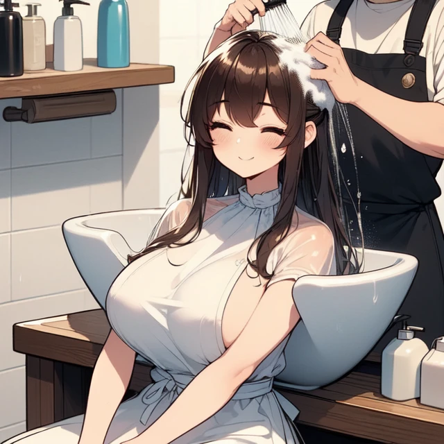 (((masterpiece))), (((best quality))), (((a strong boy))), (((hair salon))), ((lying on ceramics sink)), ((lather on hair)), ((a apron hairstylist stand behind girl)), shower head, (((lather on hair))), shampoo, transparent cover-up, closed eyes,  smile, wet hair, brown wavy hair, ribbon, high neck, big tits, petite figure proportion, <lora:girllikehairsalon:1>