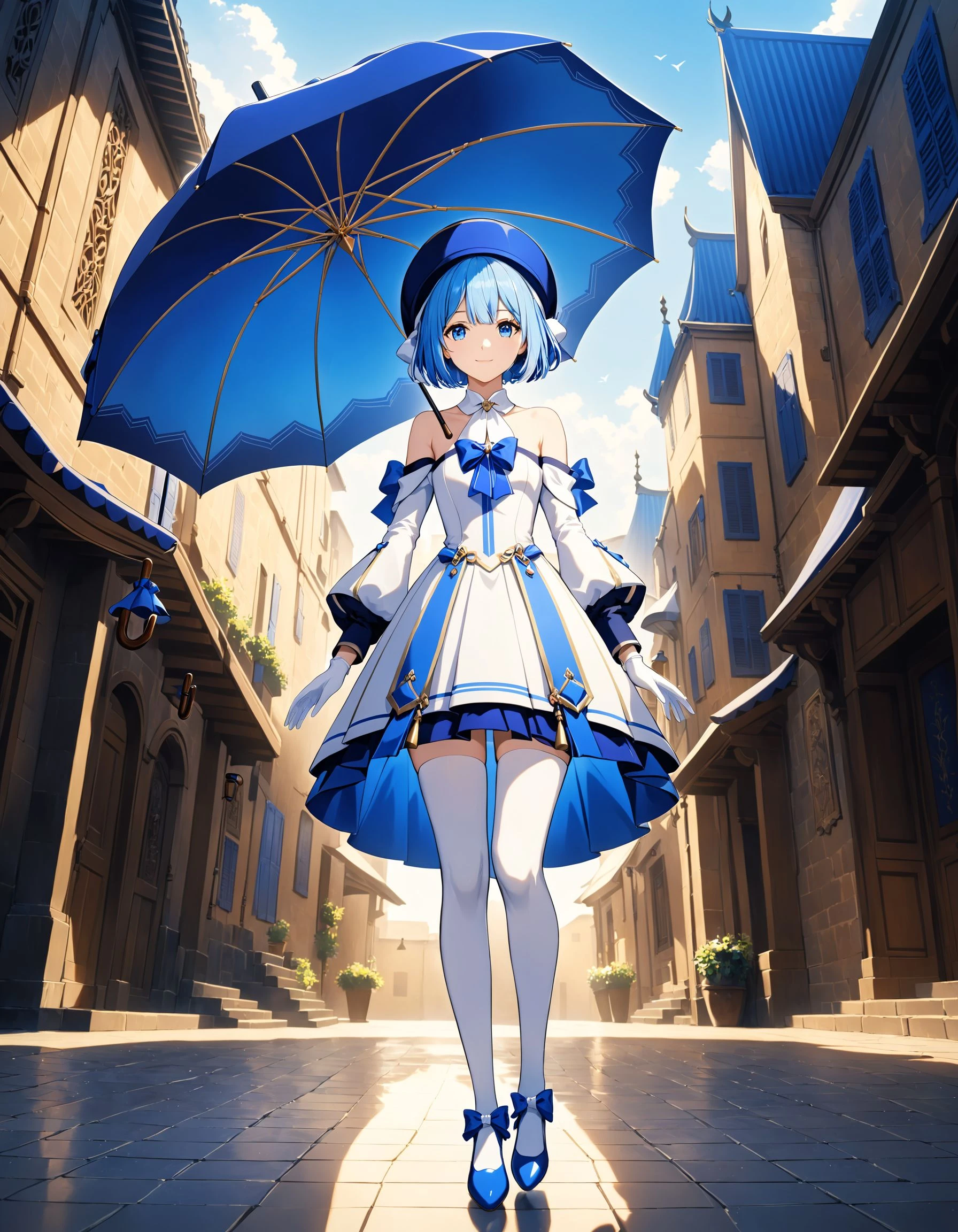 Hoyoearth, 1girl, solo, looking at viewer, smile, short hair, blue eyes, simple background, thighhighs, gloves, long sleeves, hat, white background, dress, bow, bare shoulders, closed mouth, blue hair, standing, full body, multicolored hair, shoes, white gloves, off shoulder, white dress, white thighhighs, streaked hair, bird, umbrella, white bow, hat bow, blue headwear, blue footwear, closed umbrella, very detailed, cinematic angle, outdoors, ultra sharp, rembrandt lighting, side lighting, cinematic shading, cinematic lighting, foreshortening, detailed background, Hoyoverse, masterpiece, best quality , official art , <lora:hoyoverse_SDXL:0.8>