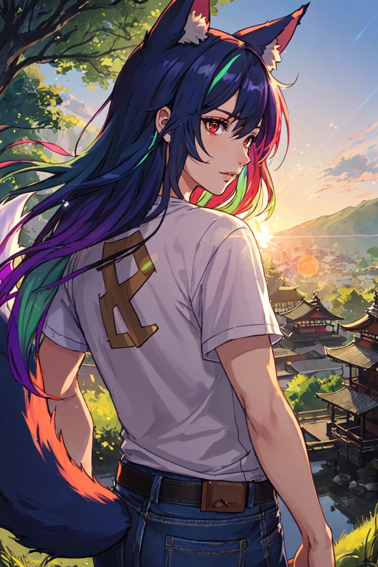 (masterpiece, best_quality, ultra-detailed, immaculate:1.3), epic, illustration, render, volumetric lighting, welcoming, see-through gossamer, in Japan, EarthFox, (lens flare, light leak, prismatic), shiny skin, cg, (side-lighting, back lit, Rembrandt Lighting, specular highlights, specular reflection, tone mapping, detailed eyes, detailed face, detailed cloth, extreme light and shadow), dynamic angle, outdoors, official art