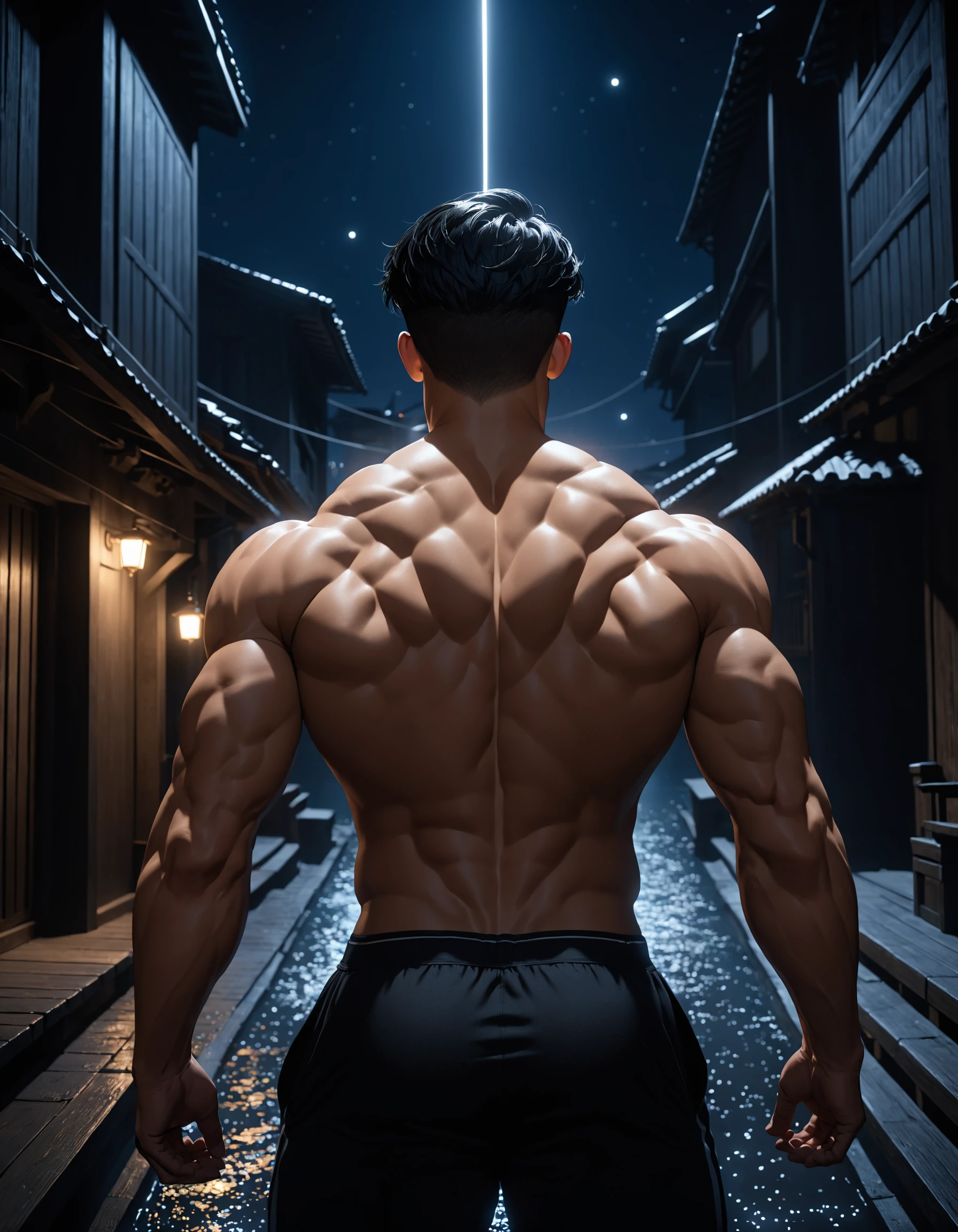 1boy, solo, muscular, from behind, muscular back, black hair, short hair, looking to the side, night, dark enviroment, cinematic, cinematic lighting, foreshortening, dark, dark background, masterpiece, best quality official art