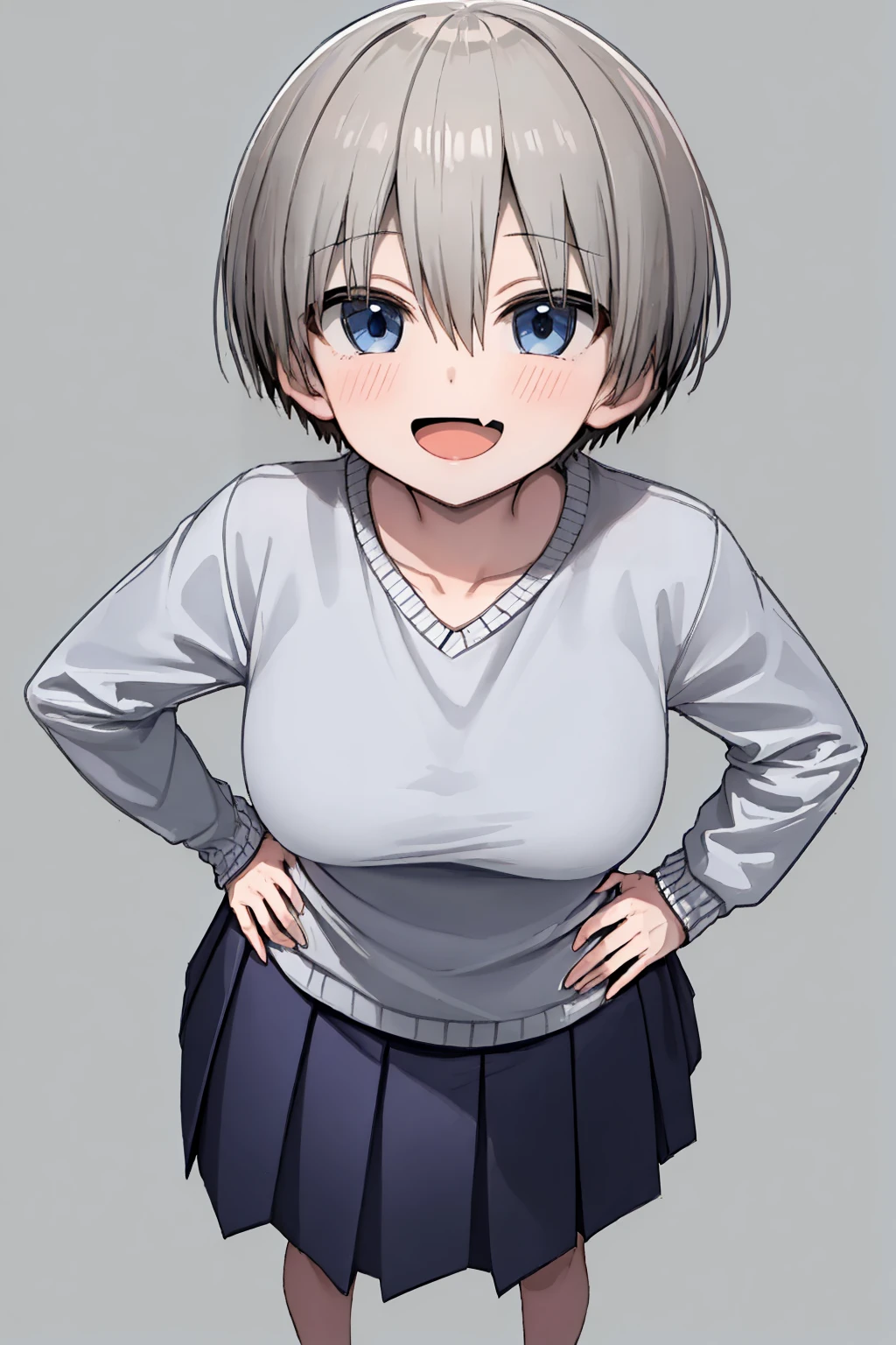masterpiece, best quality, 1girl, uzaki hana, grey hair, short hair, hair between eyes, bangs, blue eyes, skin fang,
blue skirt, collarbone, sweater, long sleeves, pleated skirt,
open mouth, smile, blush, full body, standing, hands on hips, solo, looking at viewer, (simple background, solid grey background) <lora:UzakiHana:1>