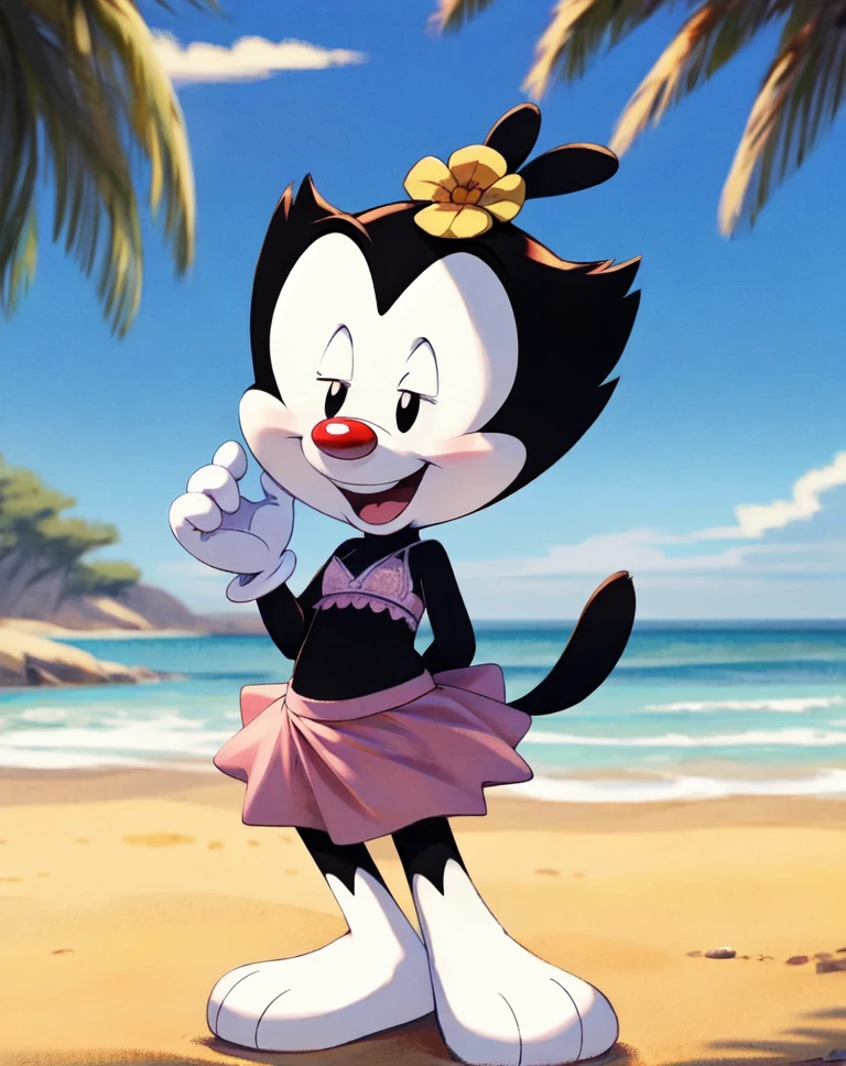 <lora:DotW_2:0.8>, dotw, girl, black body, black head, white cheeks, white legs, black ears, mouth open, black tail, white eyelids, black eyes, Red nose, white gloves, yellow flower on head, pink skirt, pink bra, one hand behind back, standing, on the beach, detailed background, solo, Disney style, animated film, cartoon, masterpiece, detailed, detailed background, 8k, 4k, detailed shaders