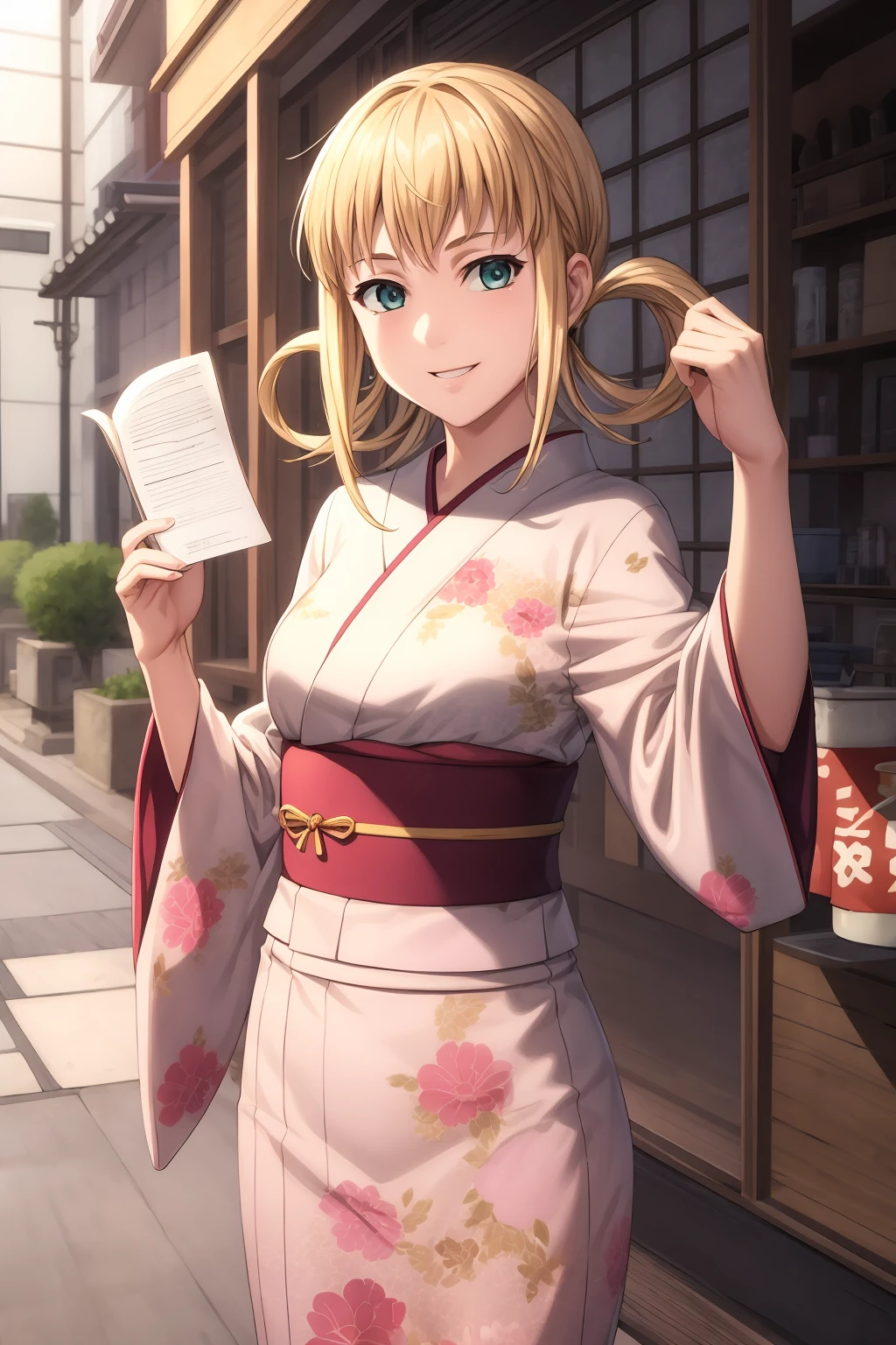 hires, best quality, masterpiece, 1girl, solo, blonde hair, sidelocks, hair rings, look at viewer, smile face, silvia_alisia, poses, japanese clothes, kimono, outdoor