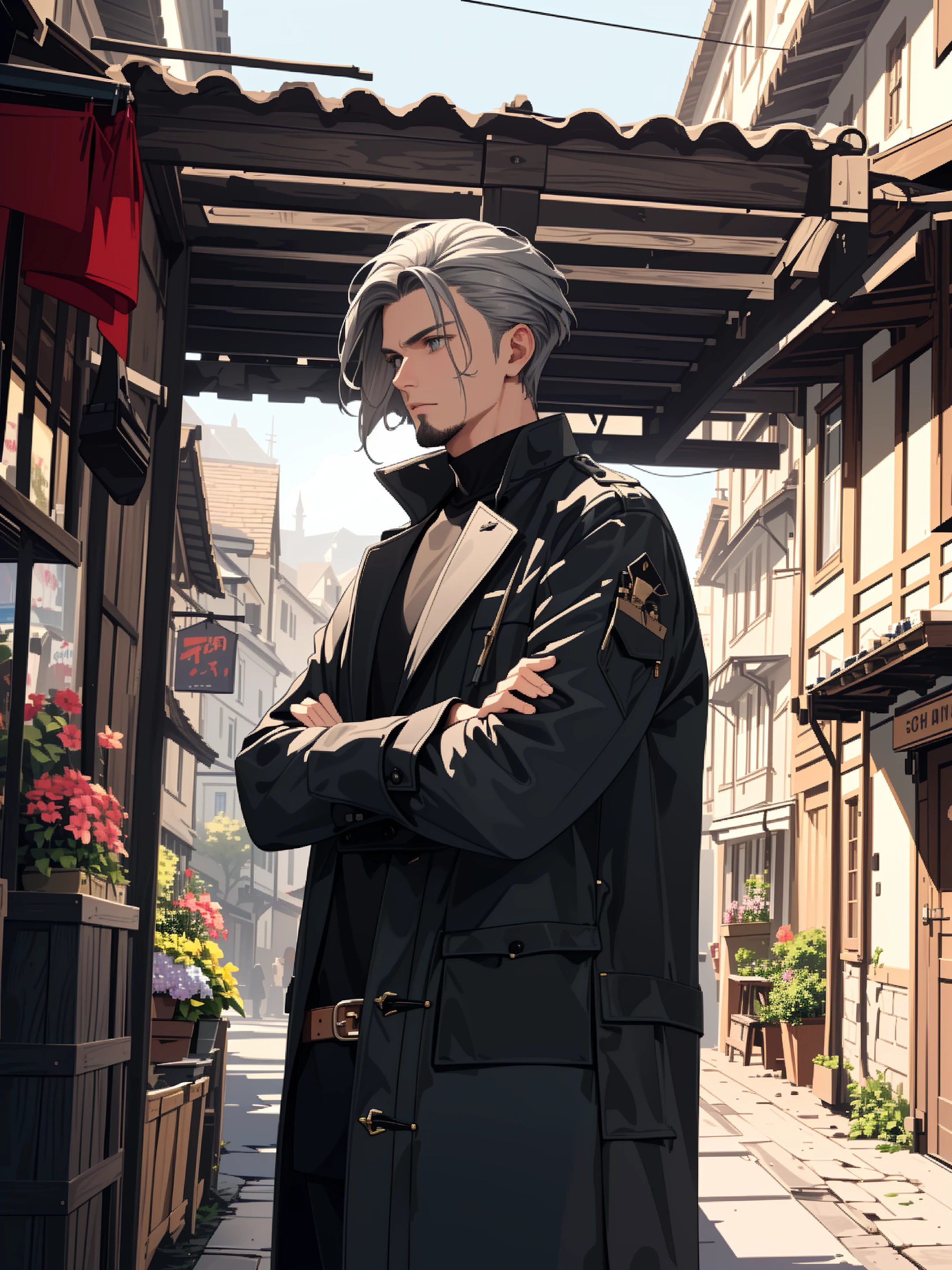 ((extremely detailed illustration)), highres, ((extremely detailed and beautiful background)), (professional illustrasion), (official art), ((Ultra-precise depiction)), ((Ultra-detailed depiction)), (beautiful:1.2 and aesthetic:1.2), beautiful detailed, intricate:1.1, nice hands, perfect hands,
(A weathered veteran male), (gray-haired in appearance), (rugged face), ((eyes are sharp but kind)), ((Short hair)) with a (mixture of gray hair). ((hair is carefully arranged in an all-back)), (wears a pomade), (well built), ((smart and yet strong)), (Dark eyes), neatly trimmed goatee, (handsome), intelligent and brave, crossed arms, thinking,
((Long coat lined) with pockets) for (storing crafting tools),
A quaint village street in a magical realm adorned with charming cottages, colorful flower beds, bustling markets, and locals engaged in magical crafts.,