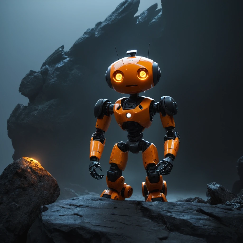 professional 3d model of  <lora:LoDe+Ro style:1>
a small orange robot sitting on a rock with a big monster behind it,blurry,no humans,blurry background,glowing,robot,mecha,glowing eyes,science fiction,humanoid robot,LoDe+Robots Style,Love Death + Robots style,Love,Death & Robots style,animated,horror,dark,black,apocalyptic,dystopian,domination , dramatic light, cyberpunk, LoDe+Ro style, octane render, highly detailed, volumetric, dramatic lighting