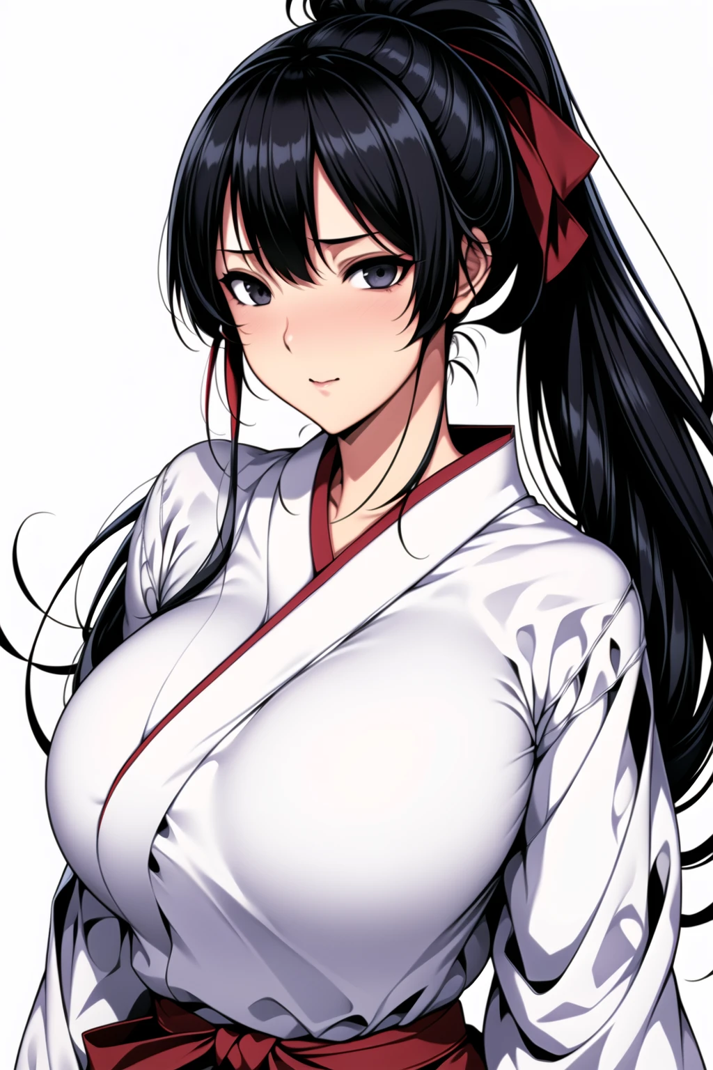 Simple White Background,
red_Hakama with white_kimono,japanese clothes,
Purple eyes, Black hair, parted bangs, Long_hair, High ponytail, dark skin, parted bangs
1 girl, 23yo,Young female,Beautiful long legs,Beautiful body, dark skin
Beautiful Nose,Beautiful character design, perfect eyes, perfect face,expressive eyes,perfect balance,
looking at viewer,(Focus on her face),closed mouth, (innocent_big_eyes:1.0),(soft_Smile:0.3),
official art,extremely detailed CG unity 8k wallpaper, perfect lighting,Colorful, Bright_Front_face_Lighting,White skin,
(masterpiece:1.0),(best_quality:1.0), ultra high res,4K,ultra-detailed,
photography, 8K, HDR, highres, absurdres:1.2, Kodak portra 400, film grain, blurry background, bokeh:1.2, lens flare, (vibrant_color:1.2),professional photograph,
(Beautiful,large_Breasts:1.4), (beautiful_face:1.5),(narrow_waist),