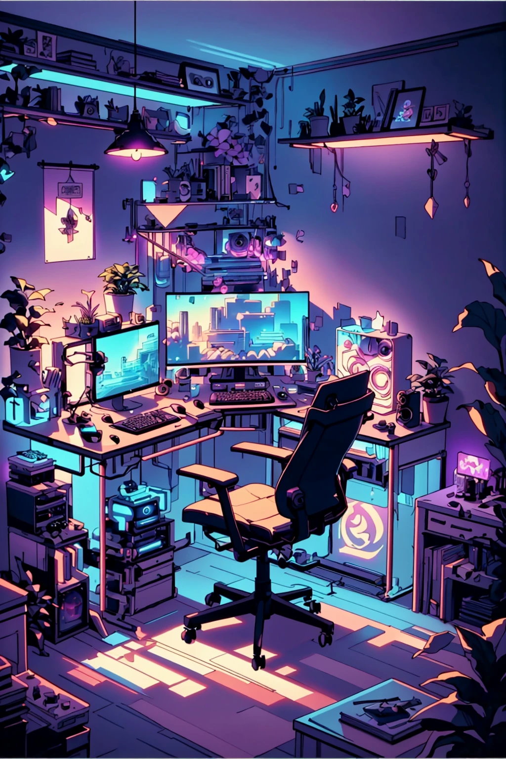 StreamerRoomz, twitch streamer setup, gamer's bedroom, gradient, book, gradient background, no humans, chair, phone, table, plant, box, scenery, desk, ball, paper, lamp, computer, monitor, laptop, book stack, keyboard (computer), flower pot, mouse (computer), screen, masterpiece, official art, best quality , volumetric lighting, studio lighting, absurdres, extremely detailed, 32k UHD, award winning desktop wallpaper, <lora:StreamerRooms:0.8>