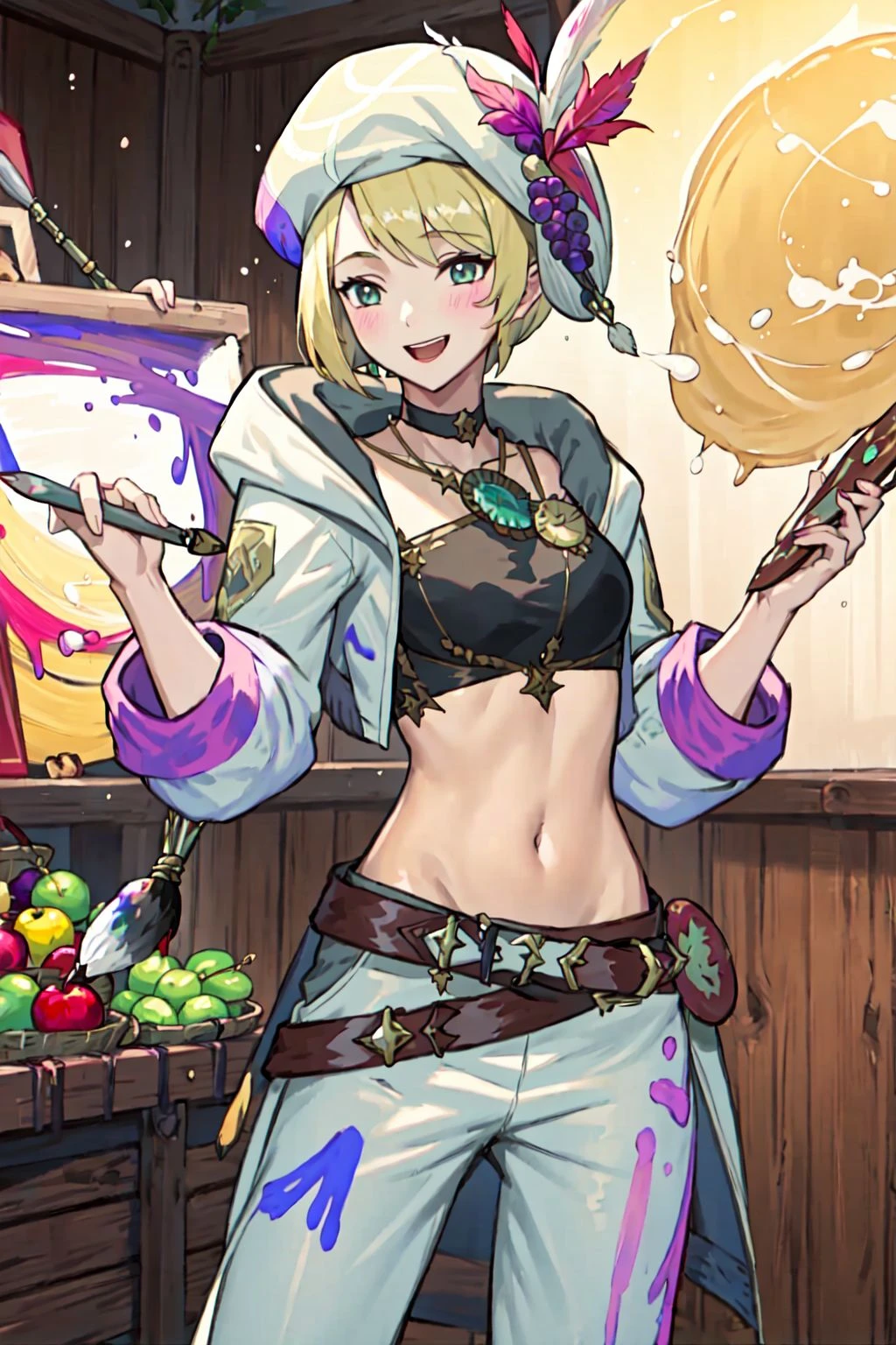 PictomancerFFXIV, 1girl, solo, short hair, blonde hair, hat, navel, holding, jewelry, standing, jacket, paintbrush, cowboy shot, food, choker, midriff, belt, indoors, necklace, crop top, fruit, white jacket, cropped jacket, holding paintbrush, apple, basket, hat feather, grapes, banana, paint splatter, laughing, playful, paint splash, masterpiece, best quality , official art , <lora:PictoMancerFFXIV:0.8>