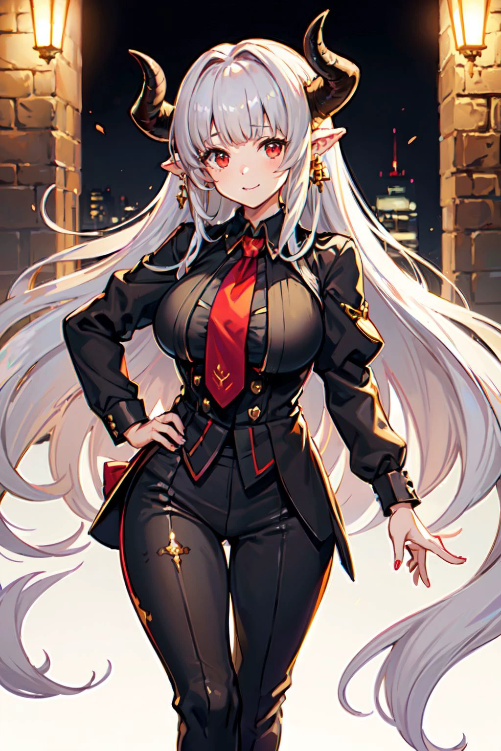 1girl, solo, white hair, long hair, red eyes, horns, pointy ears, large breasts, (( black suit, business suit, office lady, black pants, )), earrings <lora:alicia-20:0.8>, standing, facing viewer, hand on hip