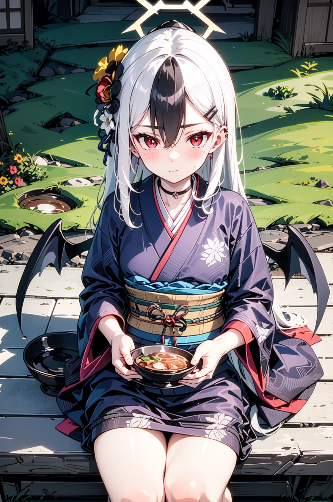 1girl, solo, (masterpiece, best quality), outdoors, blush, low wings, single wing, black choker, hair flower, hair ornament, hairclip, black flower, japanese clothes, kimono, long hair, long sleeves, wide sleeves, obi, sash, sidelocks, black kimono, kayoko, red eyes, black hair, white hair, hair between eyes, multicolored hair, two-tone hair, black ponytail, ear piercing, demon horns, halo, horns, wings, two-tone hair, long dress, sitting, from above, holding bowl