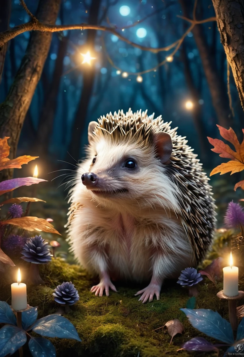 whimsical hedgehog in magical forest, midnight