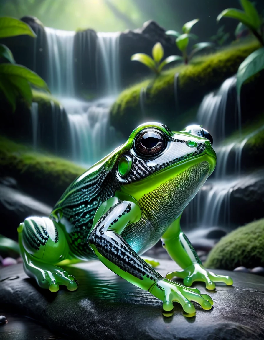 macro photo, a beautiful translucent glass frog that glows within, glowing lights, beautiful waterfall , made out of transparent delicate glass, magical sparkles,vibrant whimsical colors, made of ral-carbonfiber <lora:ral-carbonfiber:1> ral-carbonfiber landscape