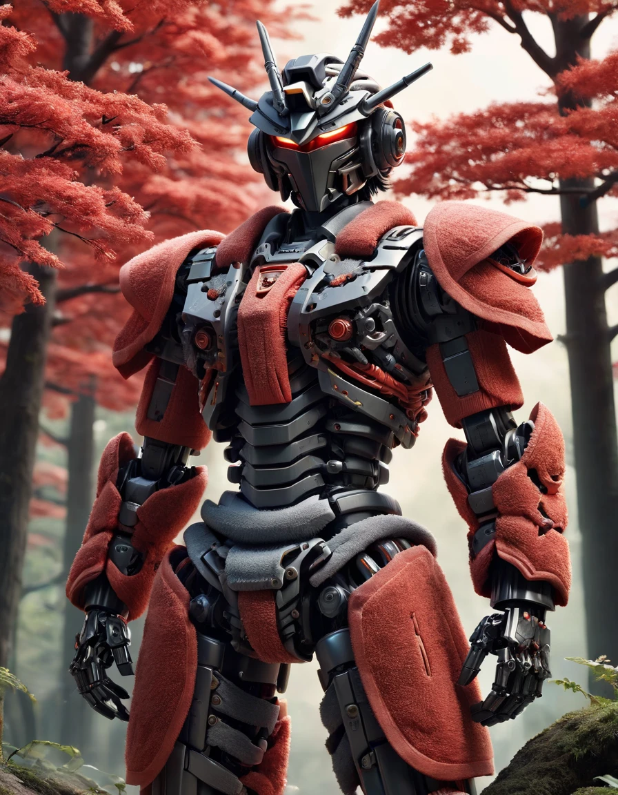 masterpiece,best quality,ultra-detailed,very detailed illustrations,extremely detailed,intricate details,highres,super complex details,extremely detailed 8k cg wallpaper, caustics,reflection,ray tracing, ral-towl MECHA MUSUME, MECHANICAL PARTS,1boy, face, solo,alone, samurai, single mechanical arm, intricate mechanical bodysuit, red kimono, full armor, black hair, mecha sword on his belt, by the nature, trees, evening, 2hands, made out of ral-towl <lora:ral-towl:1> closeup shot