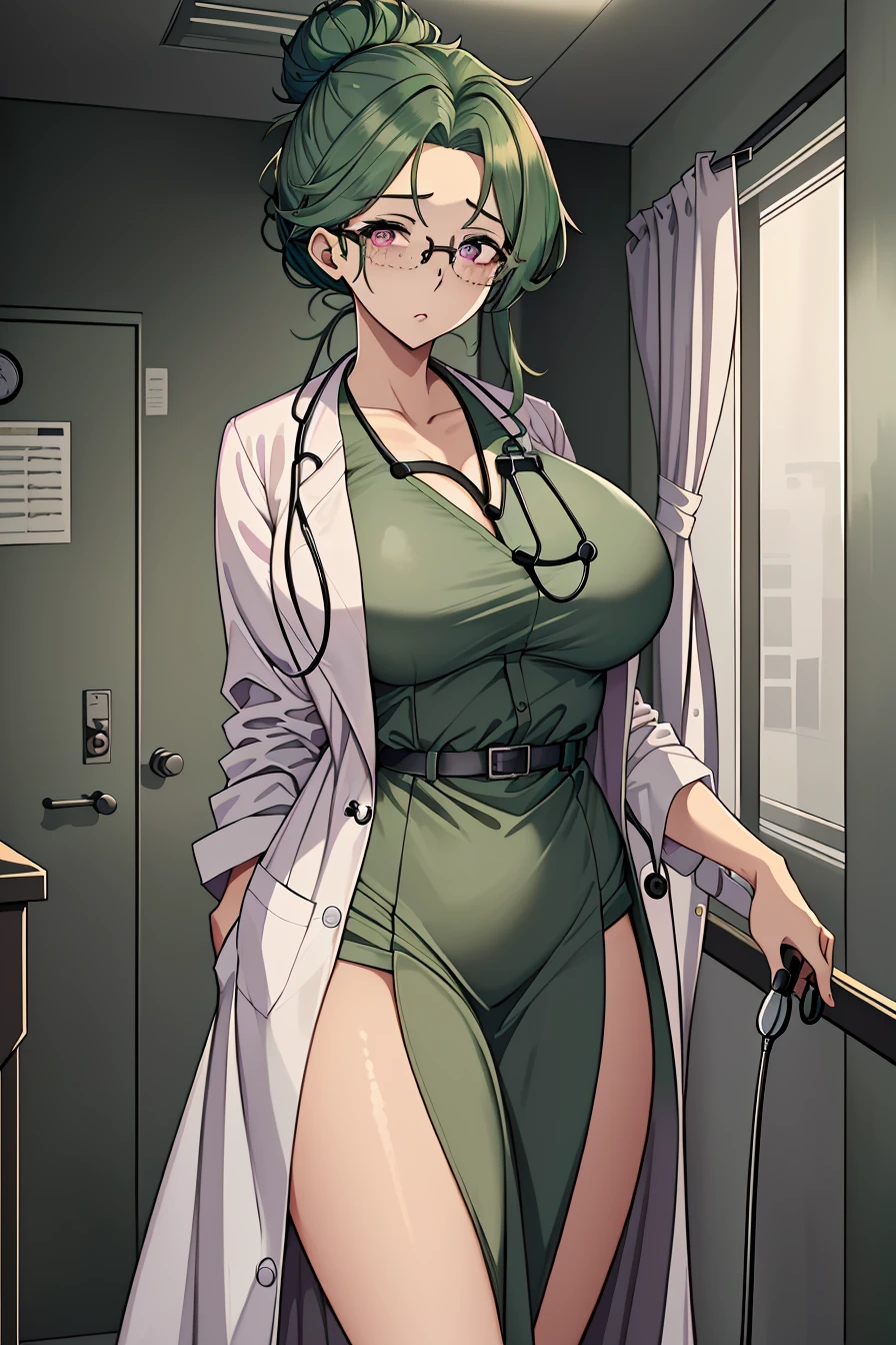 ((masterpiece, best quality, high quality)),1girl,<lora:infirmary_v0.1:0.5> (infirmary), <lora:Camilla Kloudiam:0.7> (camilla kloudiam, ocg:0001, 1girl, green hair, glasses, pink eyes, freckles, single hair bun, large breasts, mature female), <lora:0- CL - Doctor Uniform V2:0.8> (doctor_uniform, labcoat, stethoscope, doctor),