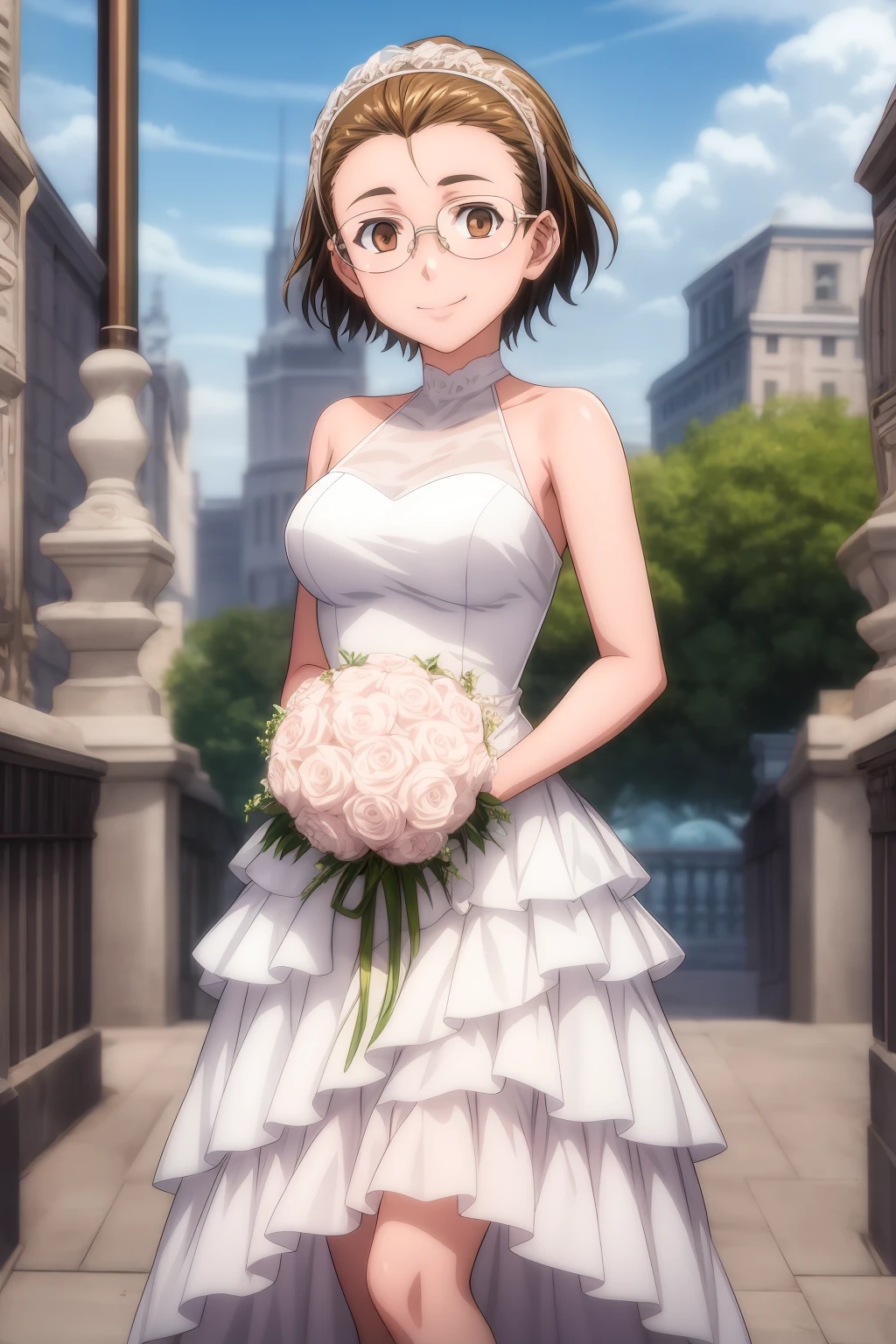 hires, best quality, masterpiece, 1girl, solo, looking at viewer, smile, short hair, brown hair, brown eyes, glasses, hairband, tsugumi_rosenmeier, poses, wedding dress, bride, frills, outdoor