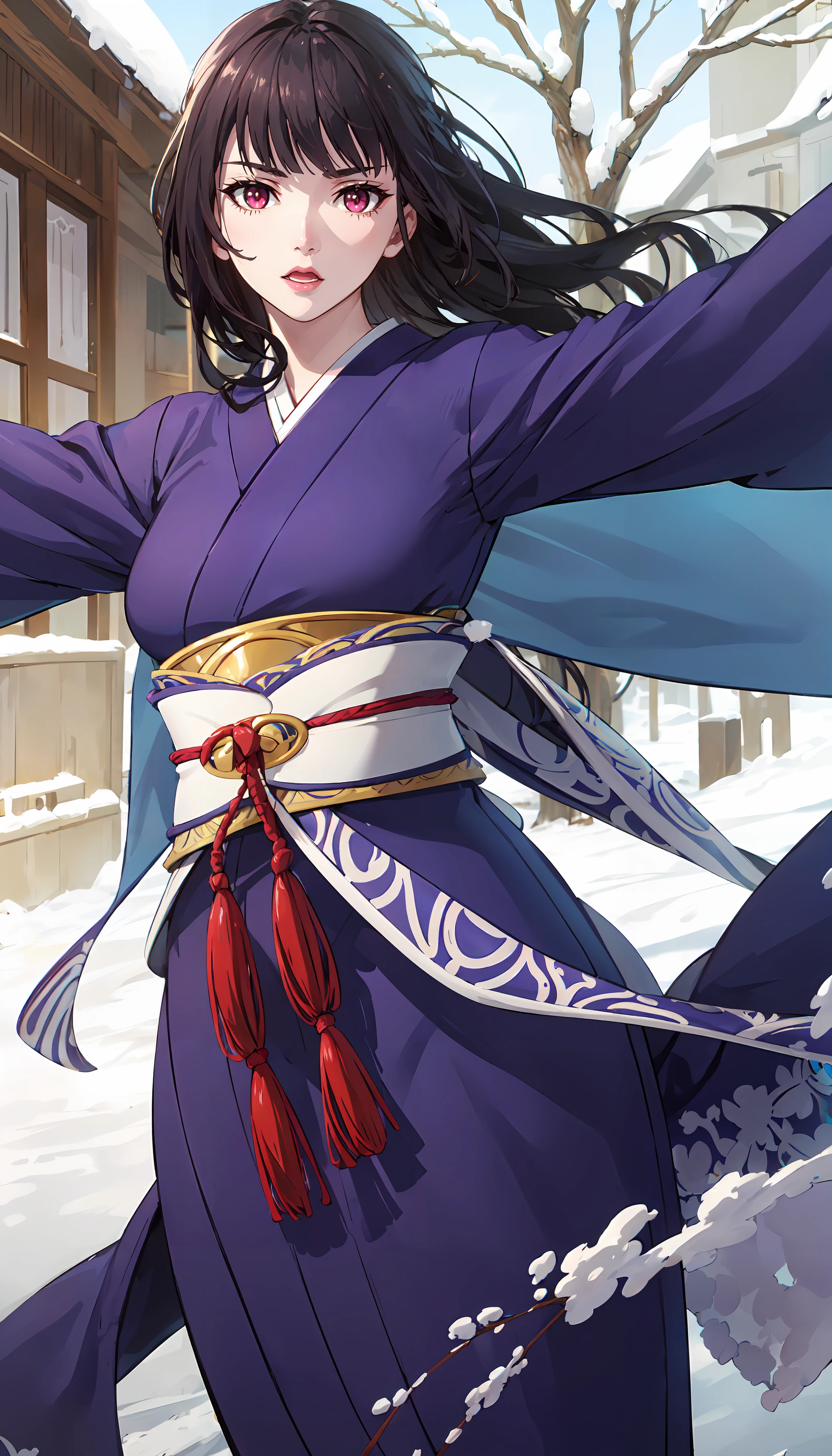 photorealistic, (4k), depth of field, (Masterpiece), (realistic skin texture), extremely detailed, intricate, hyper detailed, professional photography, bokeh, high resolution, sharp detail, best quality, woman, red eyes, long hair, black hair, straight hair, (purple kimono), <lora:GoodHands-beta2:1> , <lora:detail_slider_v4:0.8> , dynamic pose, (spread arms), <lora:Glass-000004:0.8> , winter, thick snow, snowing, snowflakes,