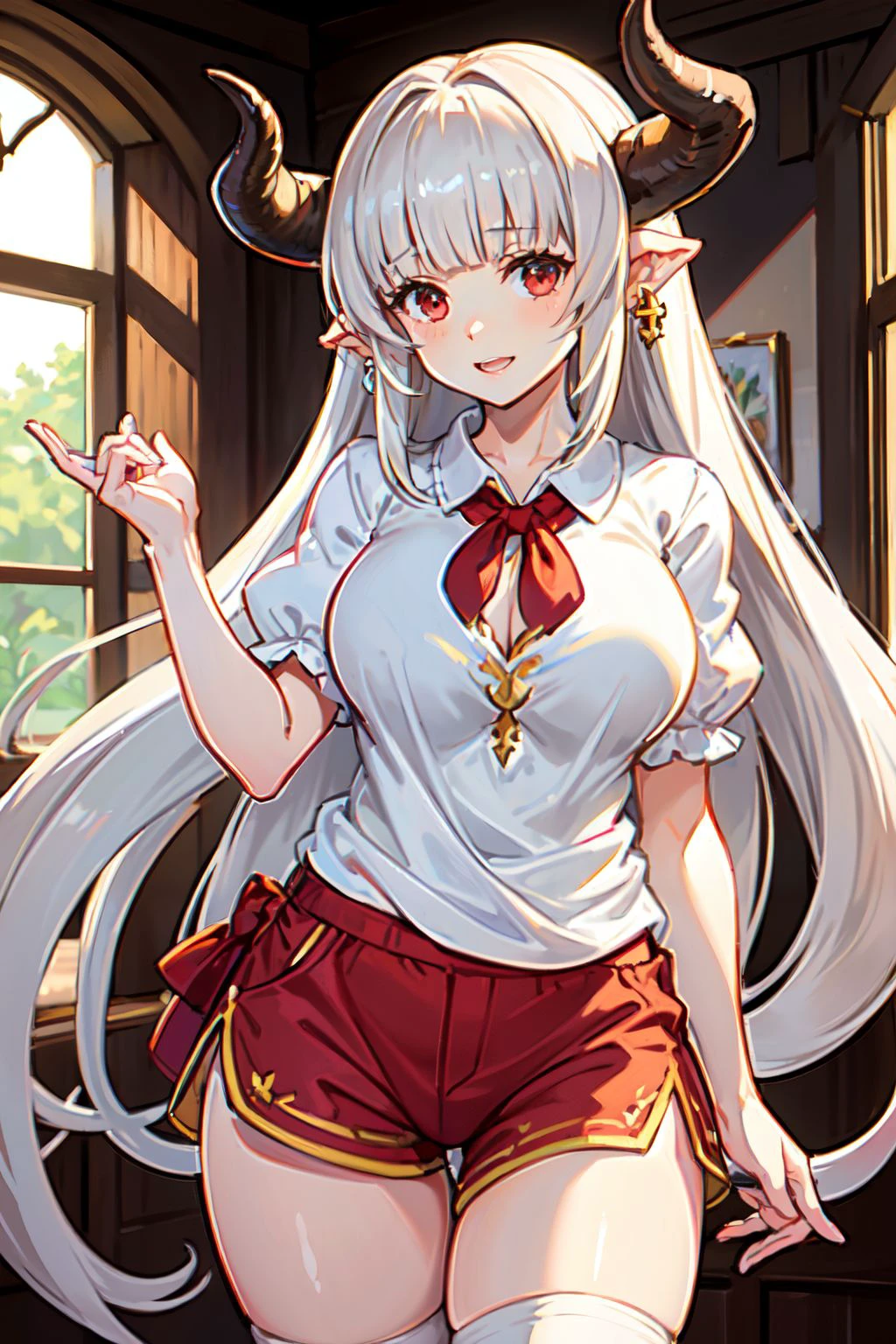 1girl, solo, white hair, long hair, red eyes, horns, pointy ears, large breasts, mature female, (( white polo shirt, shorts, )), earrings <lora:alicia-20:0.8>, standing, facing viewer,