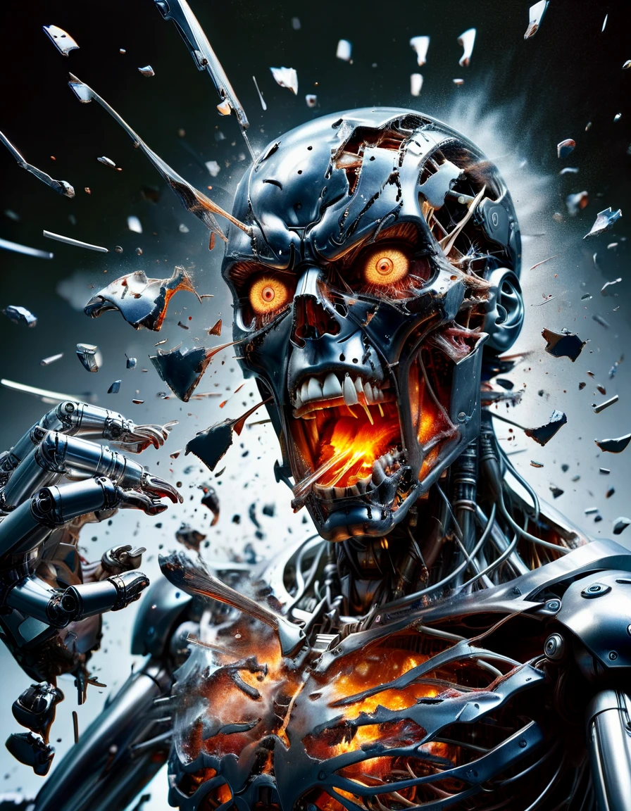 Hyperrealistic art Gothic style breathtaking Dystopian style comic alien landscape,cloud,light and shadow,terminator head floating in a tornado,liquid chrome skin,bottom view,dark theme,island,fire . graphic illustration, comic art, graphic novel art, vibrant, highly detailed . Bleak, post-apocalyptic, somber, dramatic, highly detailed . award-winning, professional, highly detailed . Dark, mysterious, haunting, dramatic, ornate, detailed . Extremely high-resolution details, photographic, realism pushed to extreme, fine texture, incredibly lifelike
