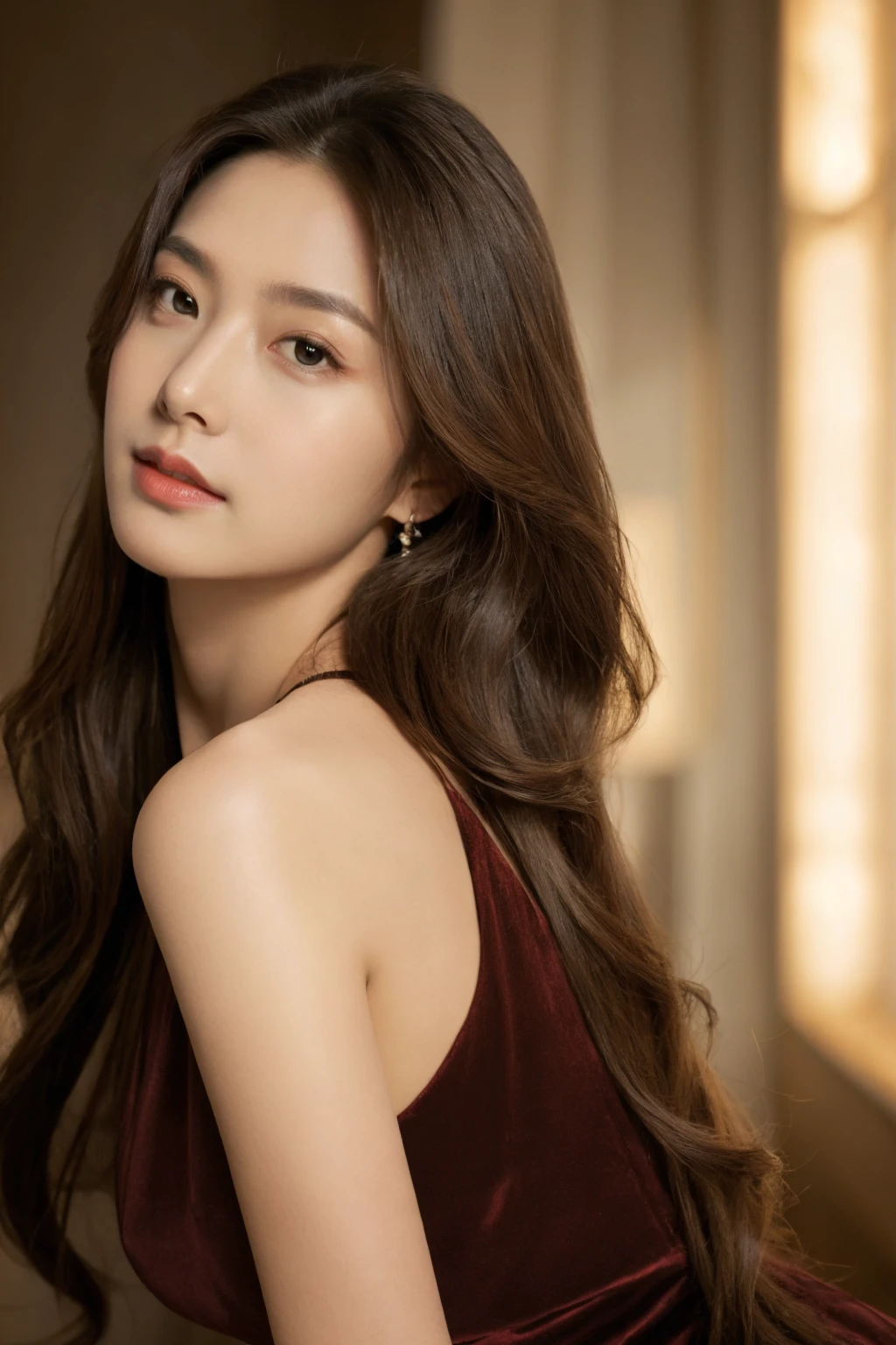 (masterpiece:1.35), (best-quality:1.4), 8k, ultra-detailed, photography, (ultra-realistic:1.4), 1girl, (portrait),  (in love, in love expression:0.7),  looking at viewer, (brown eyes:1.2), (long hair), deep v dress, room, (balanced photo, balanced exposure:1.2),  <lora:clarityAndTuningSkin_v3:0.7>