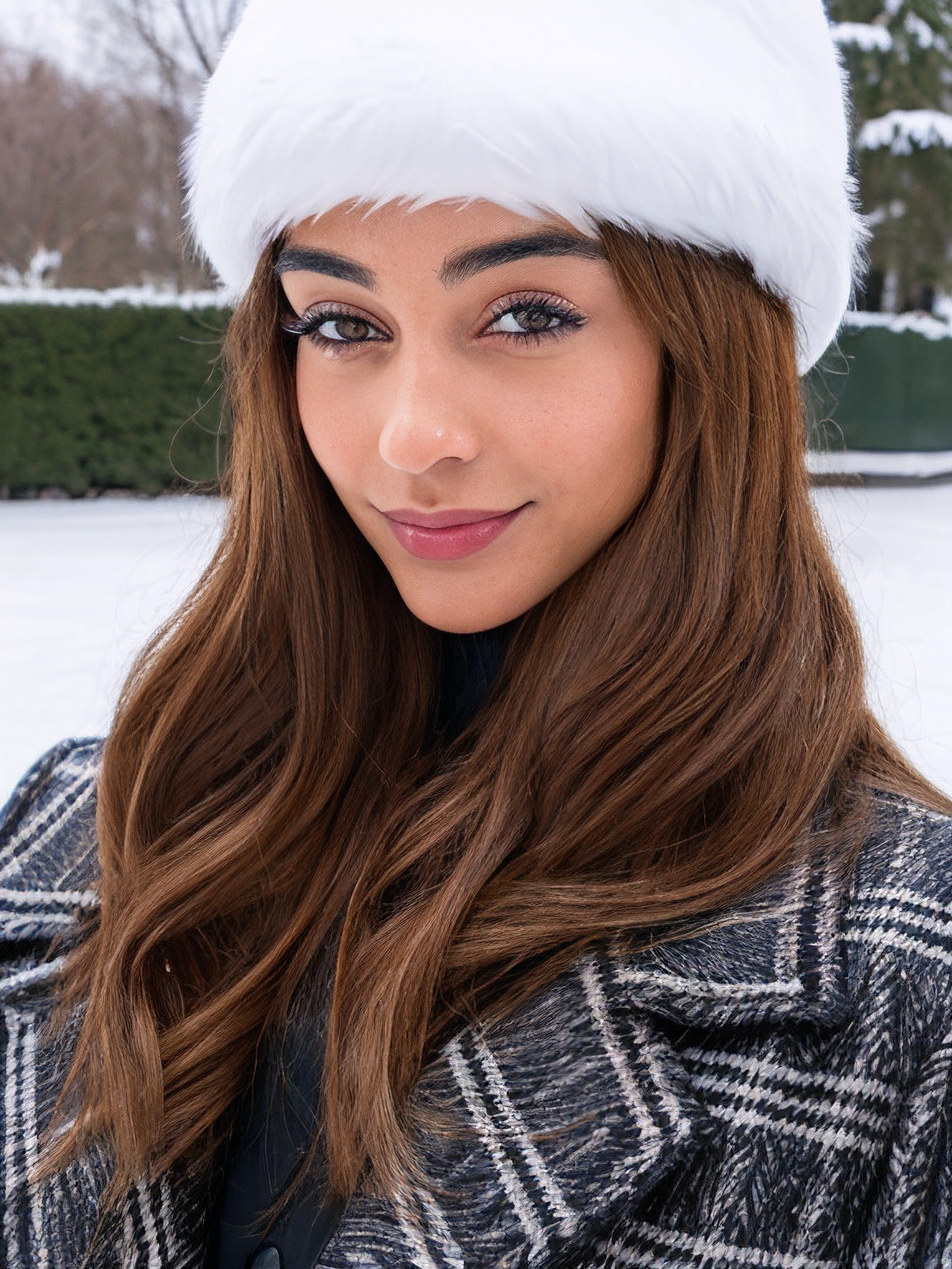 Caption/Description: ginebra, , professional portrait of a 1girl, heavy eyelids, face details, skin texture, intricate details, chanel coat and hat, dynamic pose, sharp focus, winter background, pretty eyes, smiling at camera
 