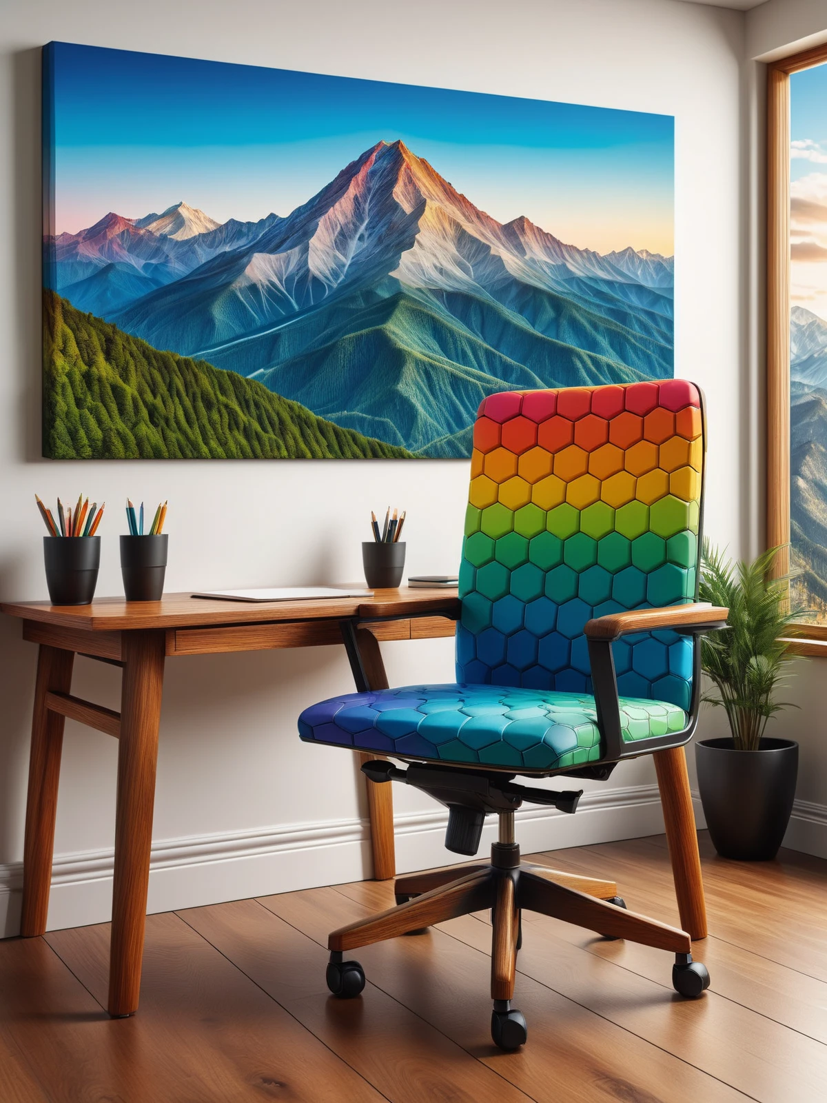 rainbow colors madhxg office chair and wooden desk in an expensive office, photograph of a mountain on the wall  <lora:Colorful_Hexadons_SDXL:1>, (masterpiece:1.2), best quality, (hyperdetailed, highest detailed:1.2), high resolution textures