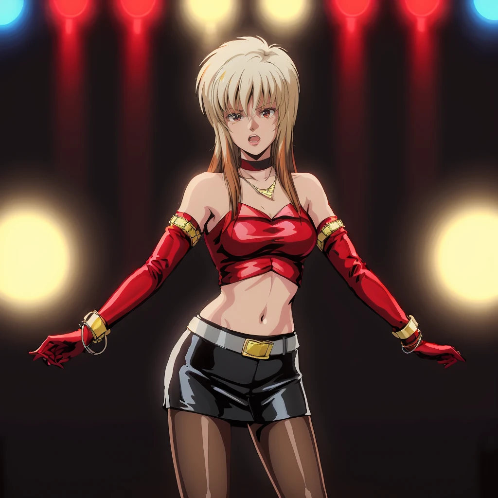 <lora:Priss001:0.7>,<lora:add_detail>,<lora:noline:0.1>,<lora:boldline:-0.1>,
Priss,1girl,multicolored hair,blonde hair,brown hair,longhair,
choker,
necklace,red crop top,
elbow gloves,
red gloves,
bracelet,belt,(black short skirt:1.2),pantyhose,
(singing:1.3),