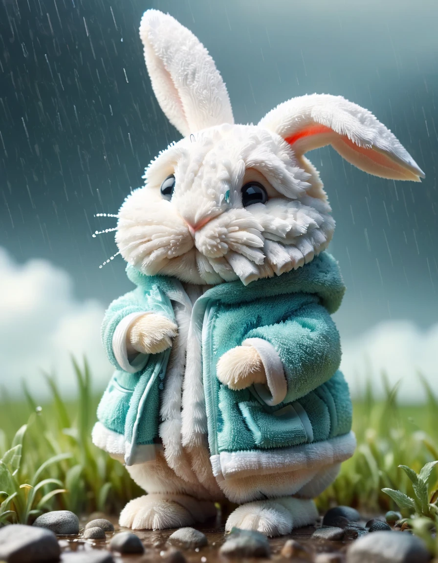tilt-shift photo of selective focus, miniature effect, blurred background, highly detailed, vibrant, perspective control, natural Tilt Shot (Whimsically artistic) , adorable extra (fluffy: 1.3) chubby miniature bunny wearing an wet ral-towl rain coat, wet grassland, tiny rocks, magical, macro photography, (enchanting:1.3), (luminous:1.2), (oversized flora:1.1), mystical, vibrant photography, shimmering light, dreamy, whimsical, serene, soft-focus, hyper-detailed digital art, rain, clouds, sad bunny face <lora:ral-towl:1>