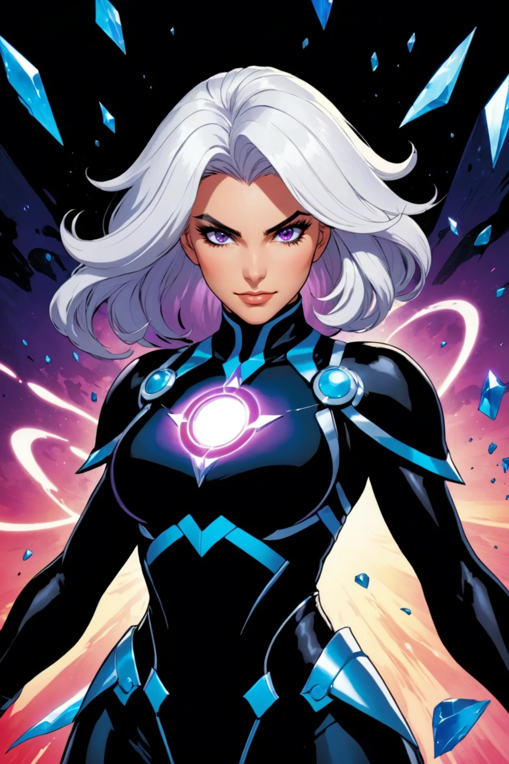 1girl, (hoyoverse), (genshin impact), art by Ed Benes and Joe Madureira, colorful, hyper detail, dramatic light, intricate details, (1girl, solo, white hair, sharp face, purple eyes, hair between eyes, dynamic angle), blood splatter, swirling black light around the character, depth of field, black light particles, (broken glass), magic circle, full body, cinematic lighting, cinematic angle, masterpiece, best quality