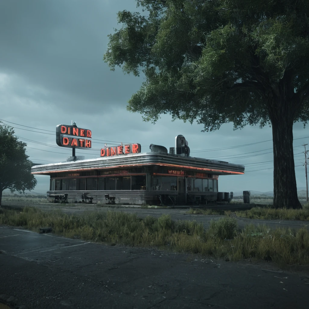 professional 3d model of  <lora:LoDe+Ro style:1>
a diner with a sign that says diner,outdoors,day,blurry,tree,no humans,grass,plant,ground vehicle,building,scenery,sign,road,lamppost,real world location,LoDe+Robots Style,Love Death + Robots style,Love,Death & Robots style,animated,horror,dark,black,apocalyptic,dystopian,domination , dramatic light, cyberpunk, LoDe+Ro style, octane render, highly detailed, volumetric, dramatic lighting