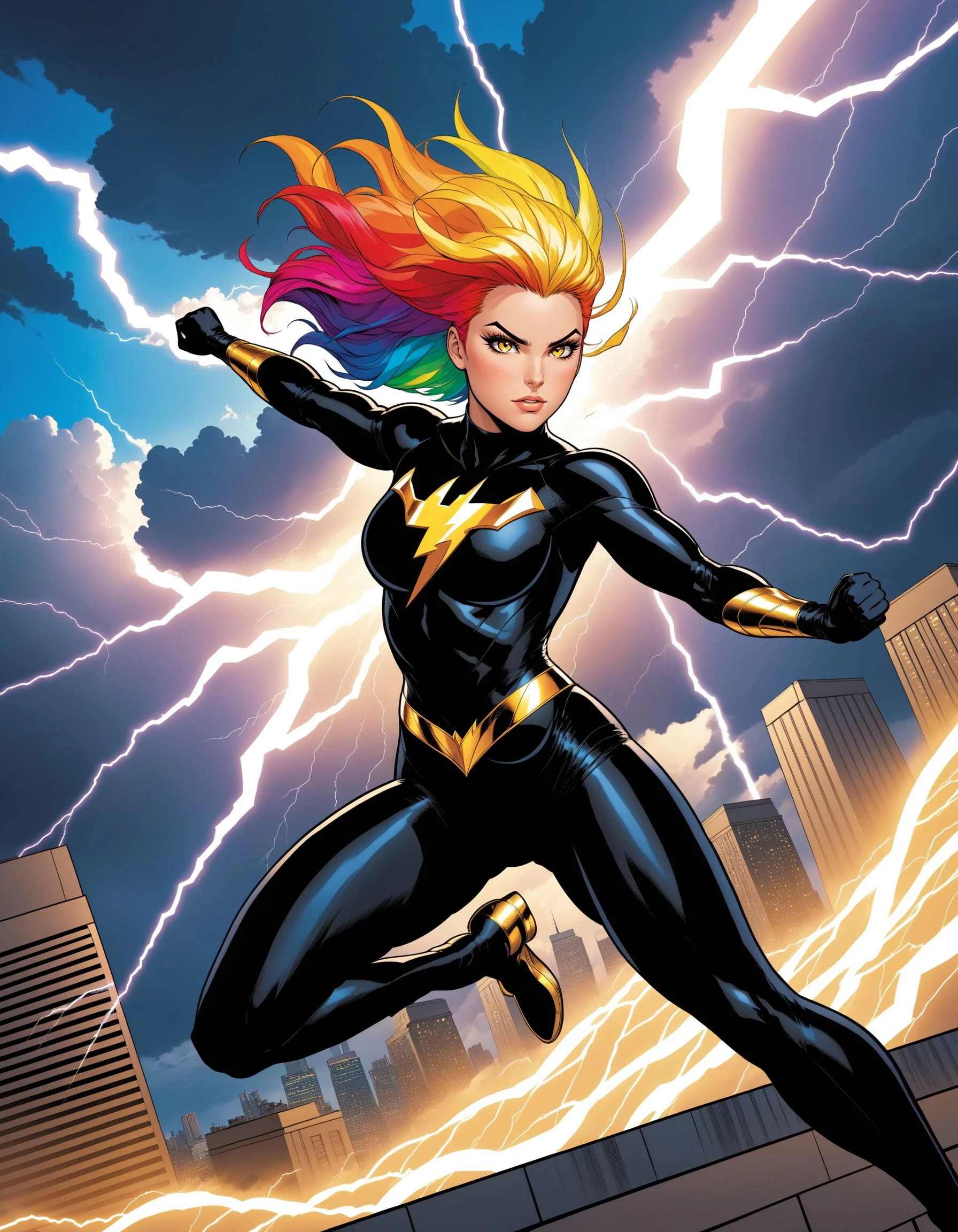 1girl, Dc Comics, solo, looking at viewer, black body suit, lightning bolt symbol, flying through the sky, fight pose, thunderstorm, gold eyes, makeup, rainbow hair, multicolored hair, gradient hair, outdoors, city, sky, clouds, very detailed, high resolution, comic book art, amazing illustration, sharp, sharp image, extreme light and shadow, depth of field, side lighting, rim lighting, cinematic lighting, cinematic angle, masterpiece, best quality