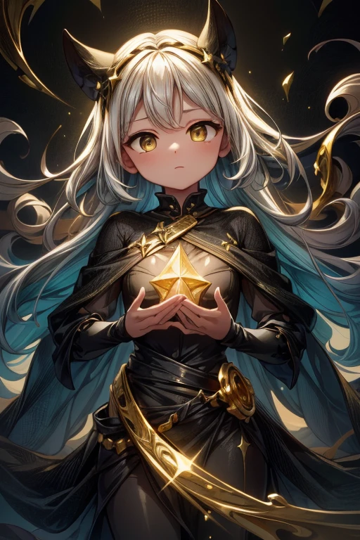 (gold and black theme:1.3), best quality,Epic,highly detail,Illustration,Cover,enigmatic figure,draped in translucent fabric,crystals adorning hair,dreamlike swirl,pastel hues,soft light,evoking calm serenity and elusive beauty,Non-representational,colors and shapes,expression of feelings,imaginative,highly detailed, closed_mouth