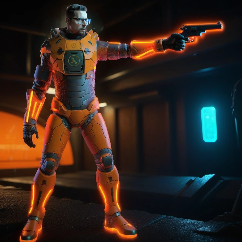 a man with glasses in a orange and black space suit, aiming a colt, dystopian background <lora:GordonFreeman1024:0.8>