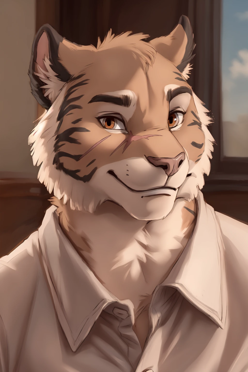 <lora:aiden-09:1>, aiden, orange eyes, tail. facial scar, (posing:1.3), (soft shading), 4k, hi res, ((detailed face, detailed)), (full body), by zackarry911, by zaush, (by personalami:0.5), solo, collared shirt, face focus, portrait, close up, looking at viewer, smug, smug grin, smile, bedroom eyes, pink shirt,
