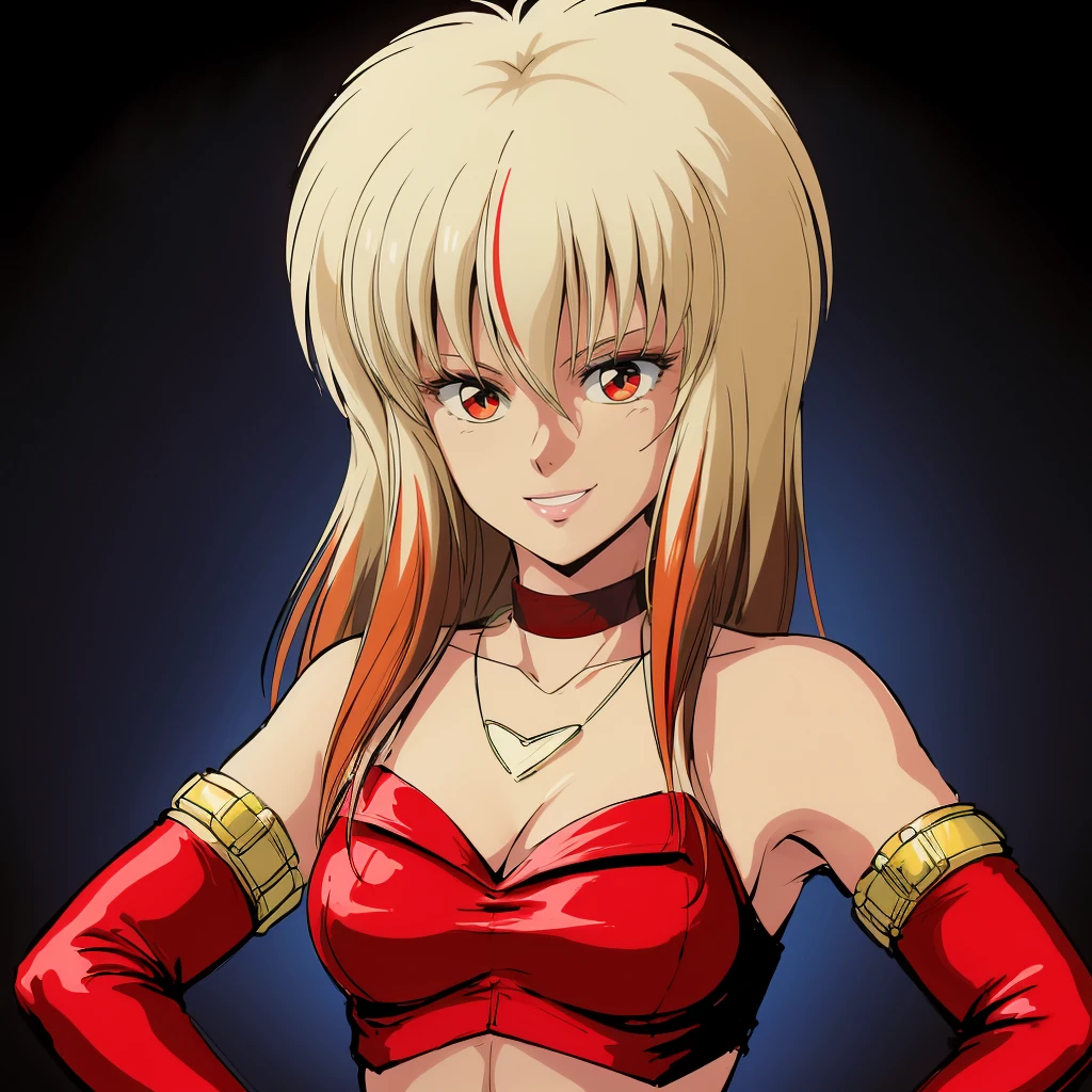 <lora:Priss001:0.7>,<lora:add_detail>,<lora:noline:0.1>,<lora:boldline:-0.1>,looking at viewer,smile,
Priss,1girl,multicolored hair,blonde hair,brown hair,longhair,
choker,
necklace,red crop top,
elbow gloves,
red gloves,
bracelet,
upper body,