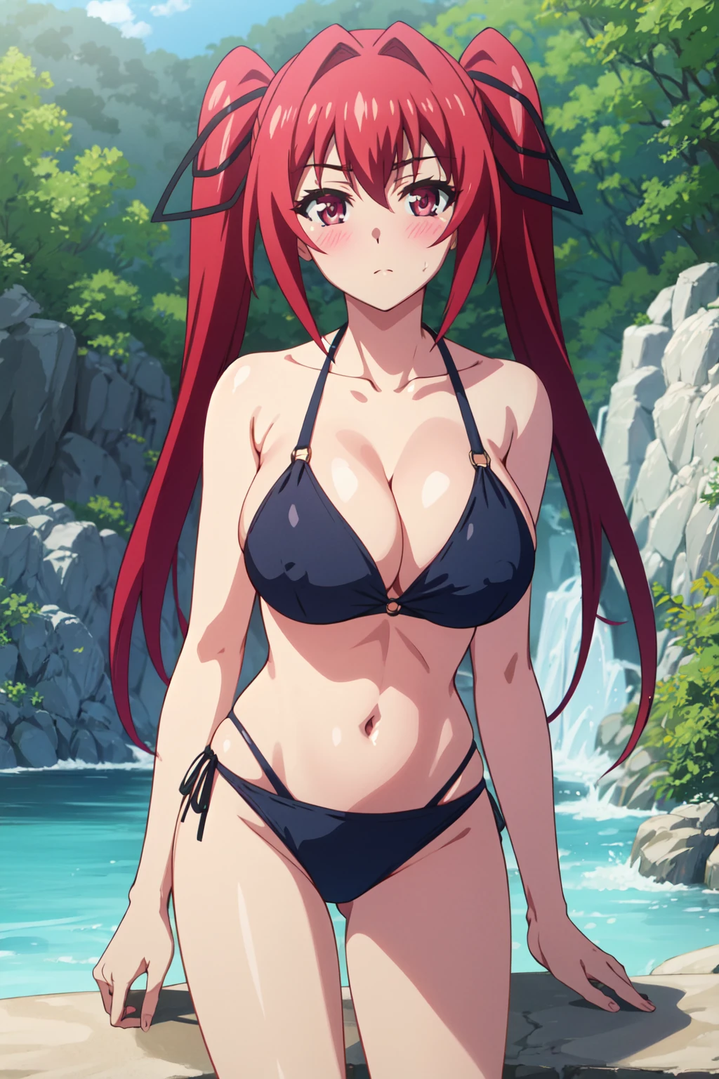 <lora:anime_screencap_v2:0.3> tall body, tall, long legs, mature female, mature, adult, <lora:GoodHands-beta2:1.4>,
<lora:eft_testament_mio-02:0.8> , EFT_Testament_Mio, 1girl, red hair, breasts, blush, long hair, solo, hair ribbon, large breasts, ribbon, twintails, cleavage, looking at viewer, red eyes, hair intakes, outdoors, upper body, anime coloring, purple eyes, collarbone, two side up, bare shoulders, black ribbon, swimsuit