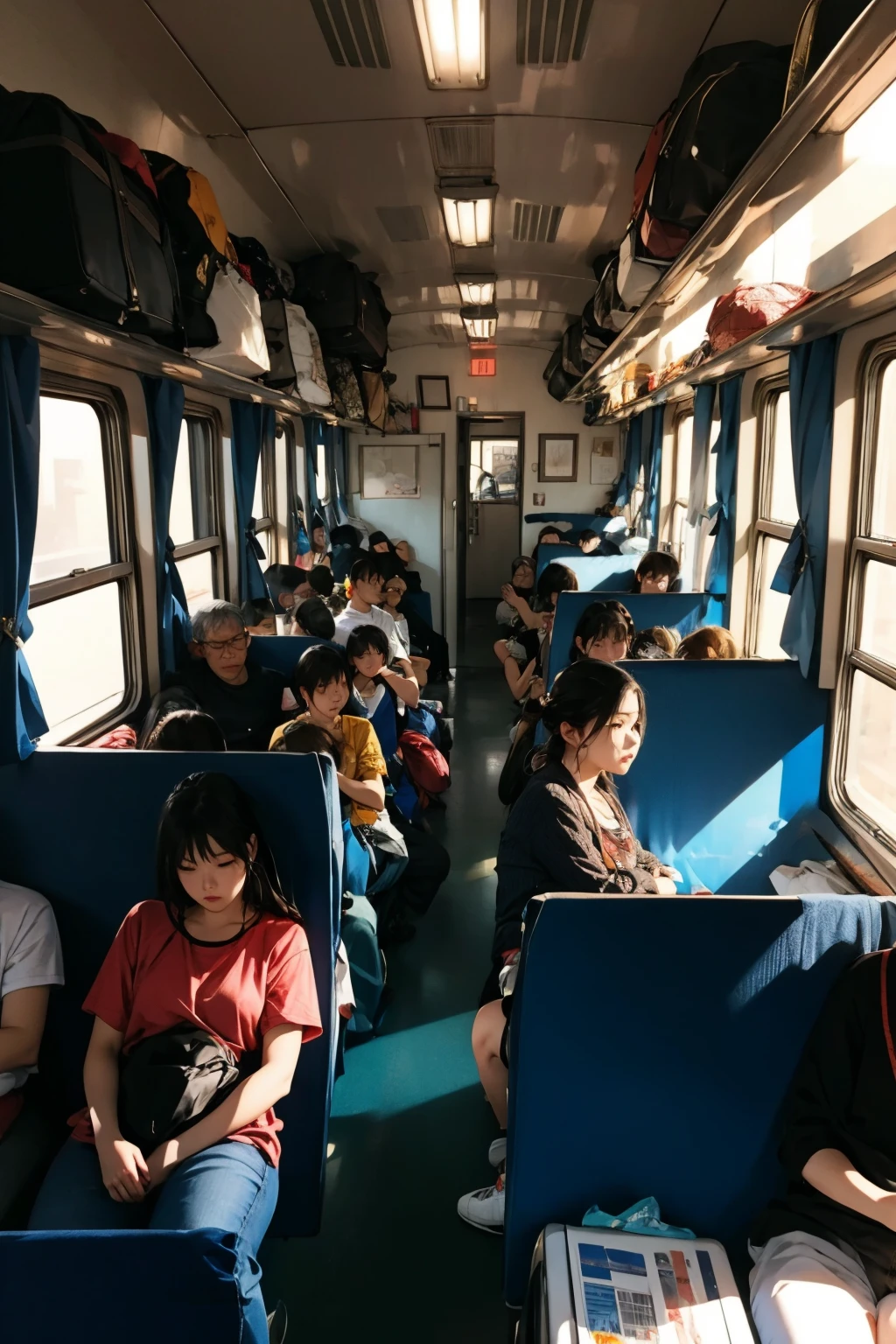 <lora:0195 Spring Festival_v1:1>,ruanyi0195,train interior,indoors,(people:1.2),, best quality,masterpiece,highres,official art,extremely detailed cg unity 8k wallpaper